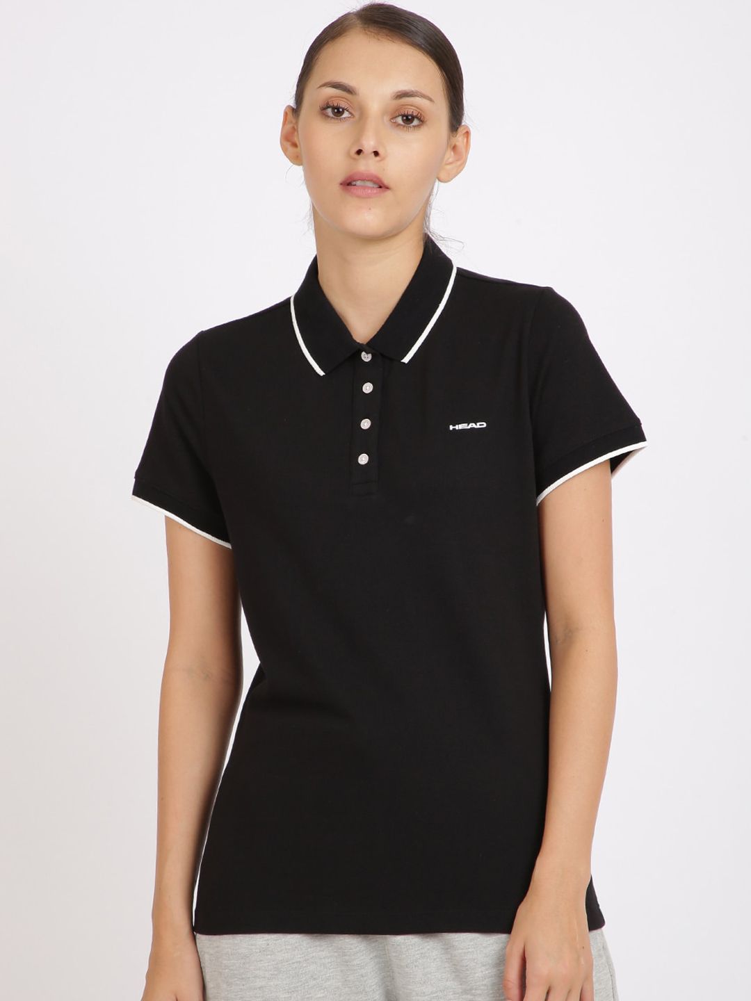 Head Women Black Solid Polo Collar T-shirt Price in India