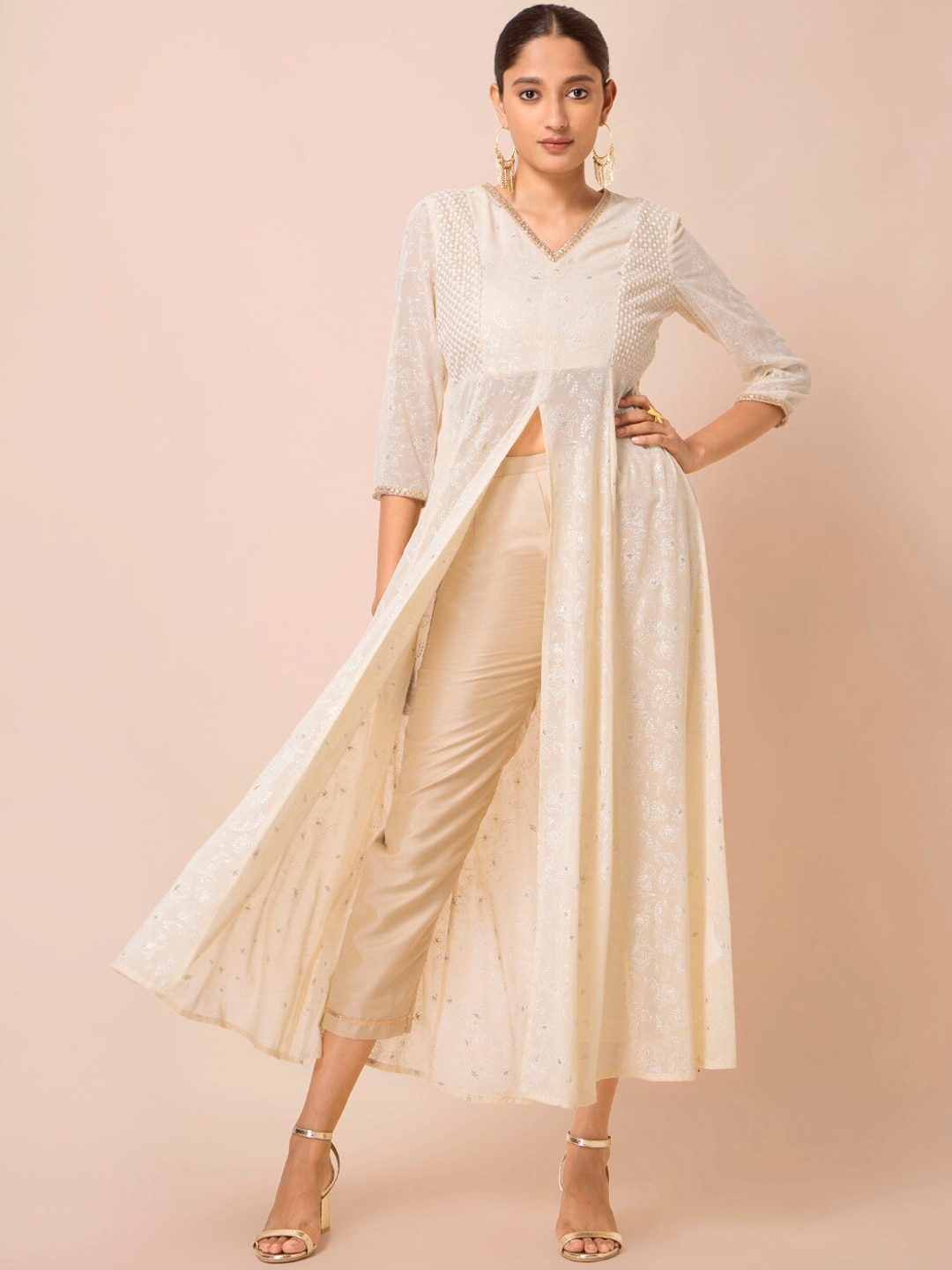INDYA Ivory Embroidered Panelled High Slit Tunic Price in India