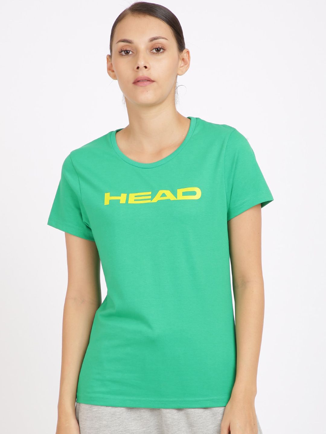 Head Women Green Printed Round Neck Slim-Fit Cotton Sports Day T-shirt Price in India