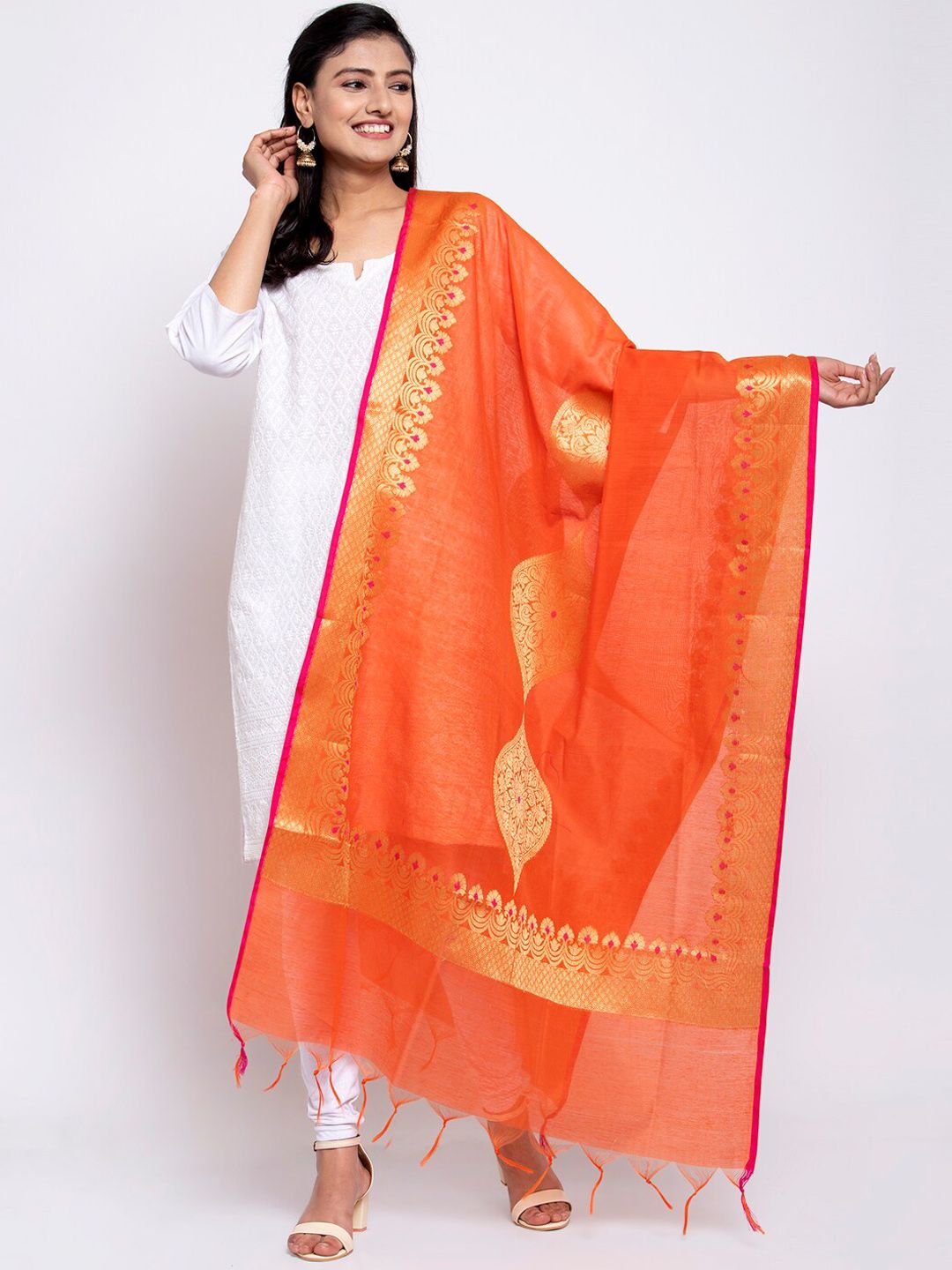 LOOM LEGACY Orange & Gold-Toned Banarsi Cotton Silk Jacquard Dupatta