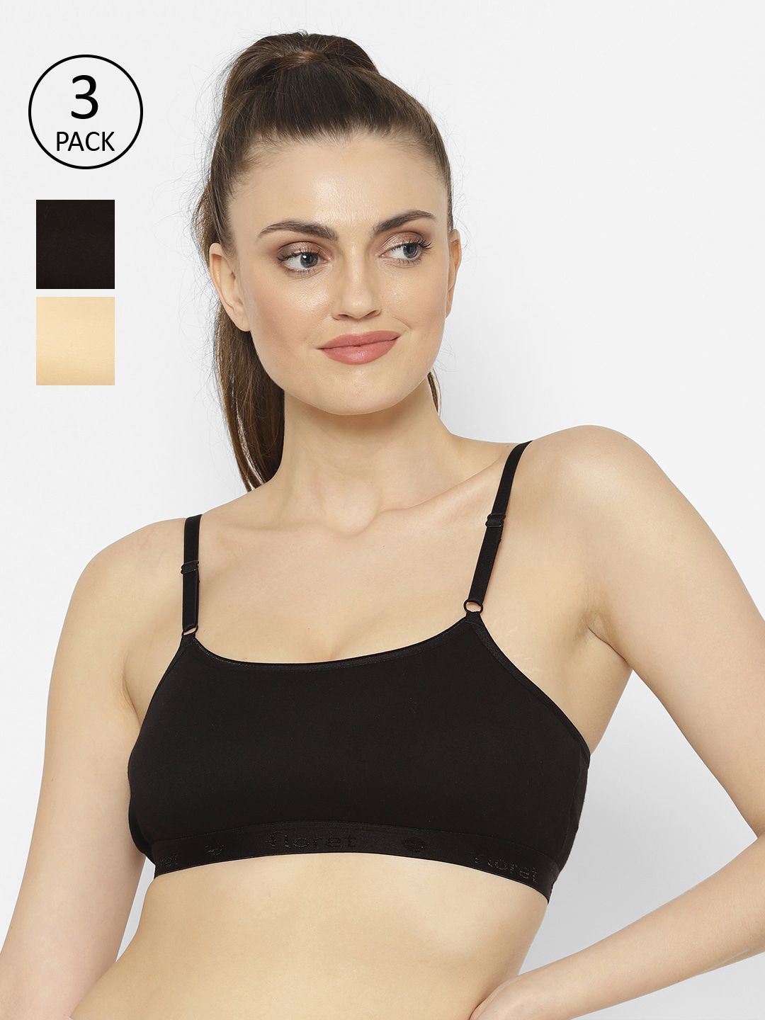 Floret Black & Beige Solid  Set of 3 Workout Bra 1492_Black-Skin-Black-Black-Skin-Black Price in India