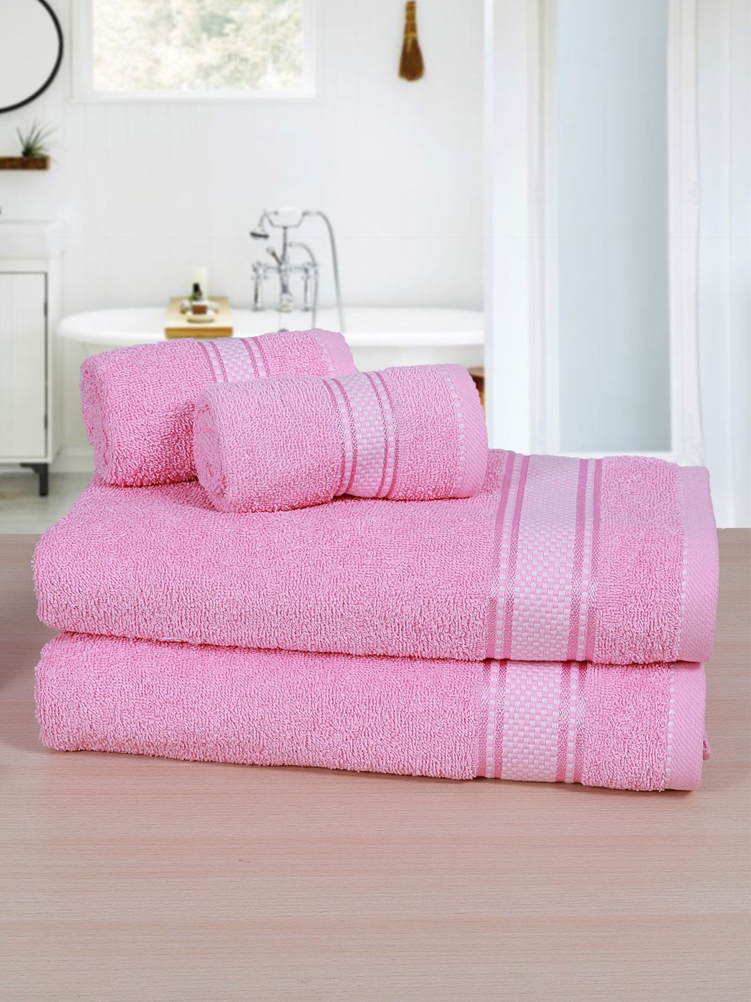 RANGOLI Set Of 4 Pink Solid 380 GSM Towel Set Price in India