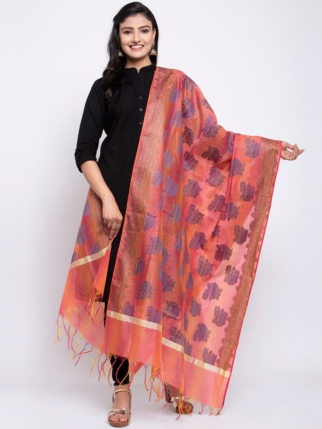 LOOM LEGACY Orange & Purple Banarsi Cotton Silk Jacquard Dupatta Price in India