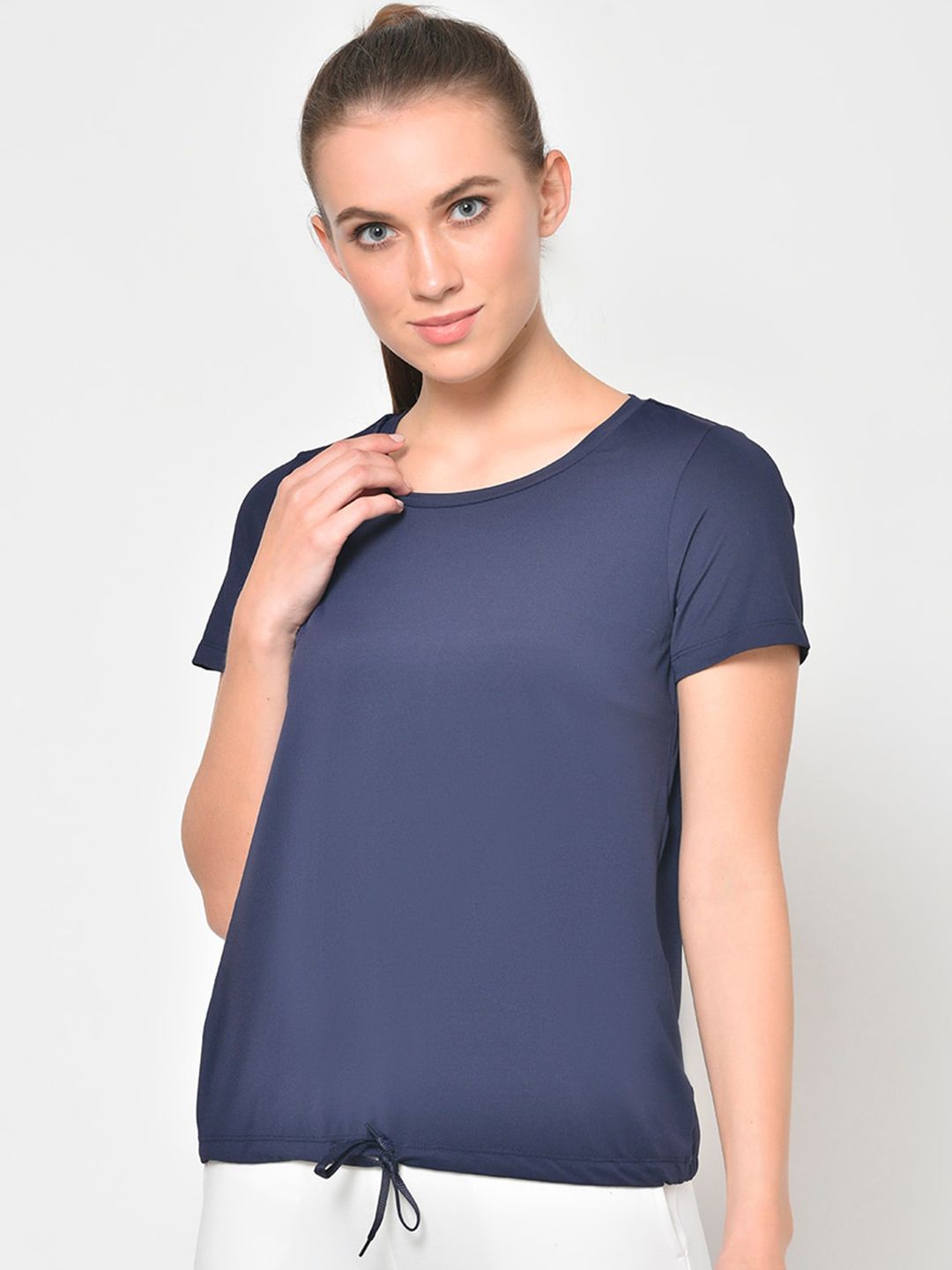 PERFKT-U Women Navy Blue Solid Round Neck Hydra-Cool T-shirt Price in India