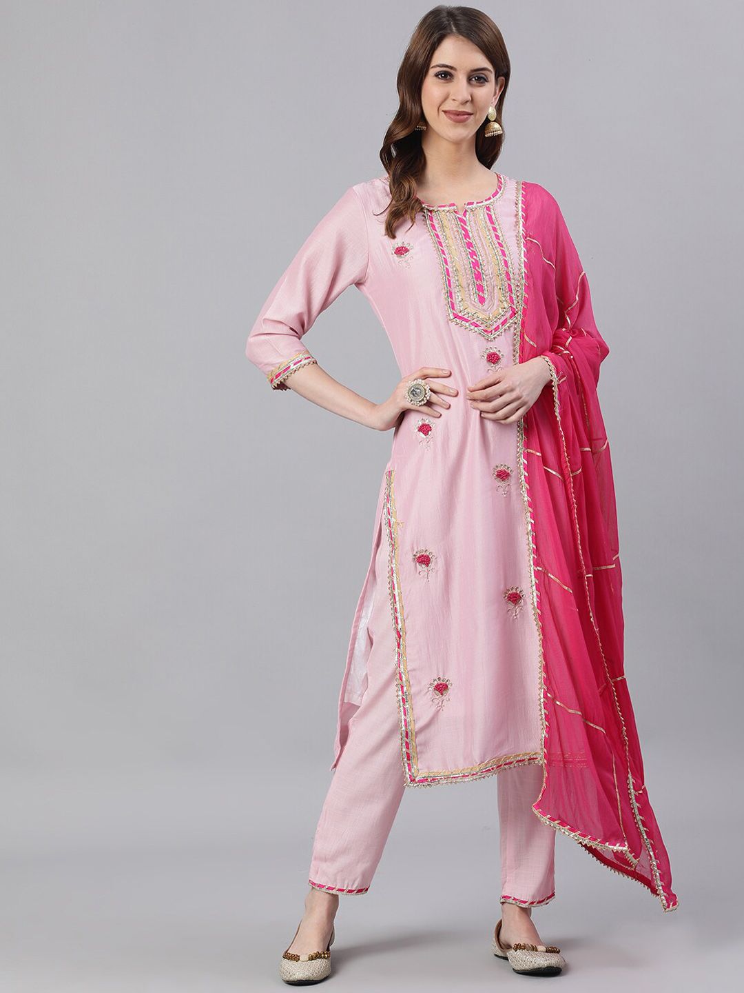 Ishin Women Pink Embroidered Kurta with Trousers & Dupatta Price in India