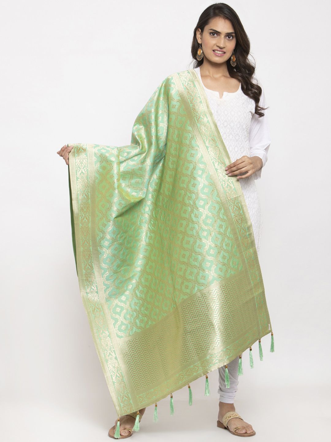 panchhi Green & Gold-Toned Jacquard Woven Banarasi Dupatta