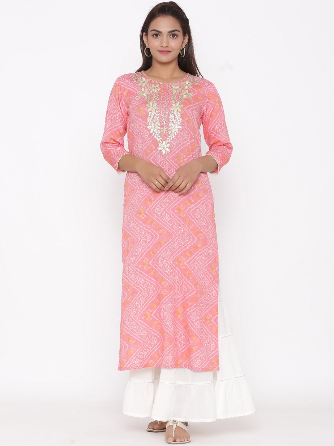 Silai Bunai Women Pink & White Embroidered Kurta with Sharara