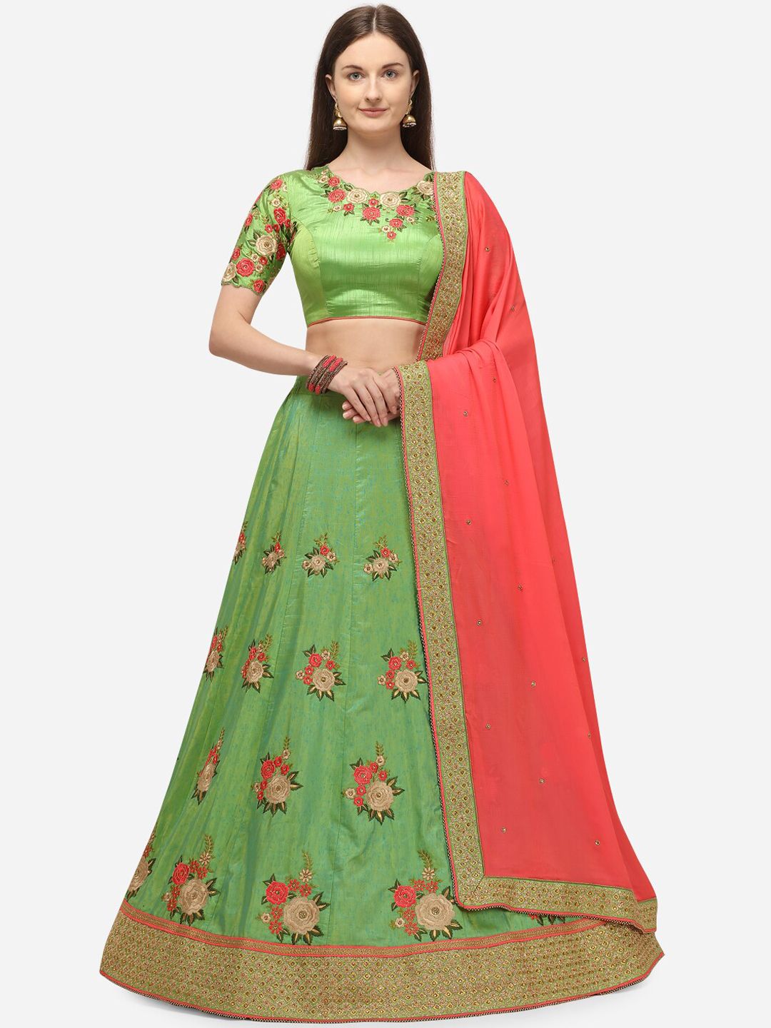 NAKKASHI Green & Coral Embroidered Semi-Stitched Lehenga & Unstitched Blouse with Dupatta