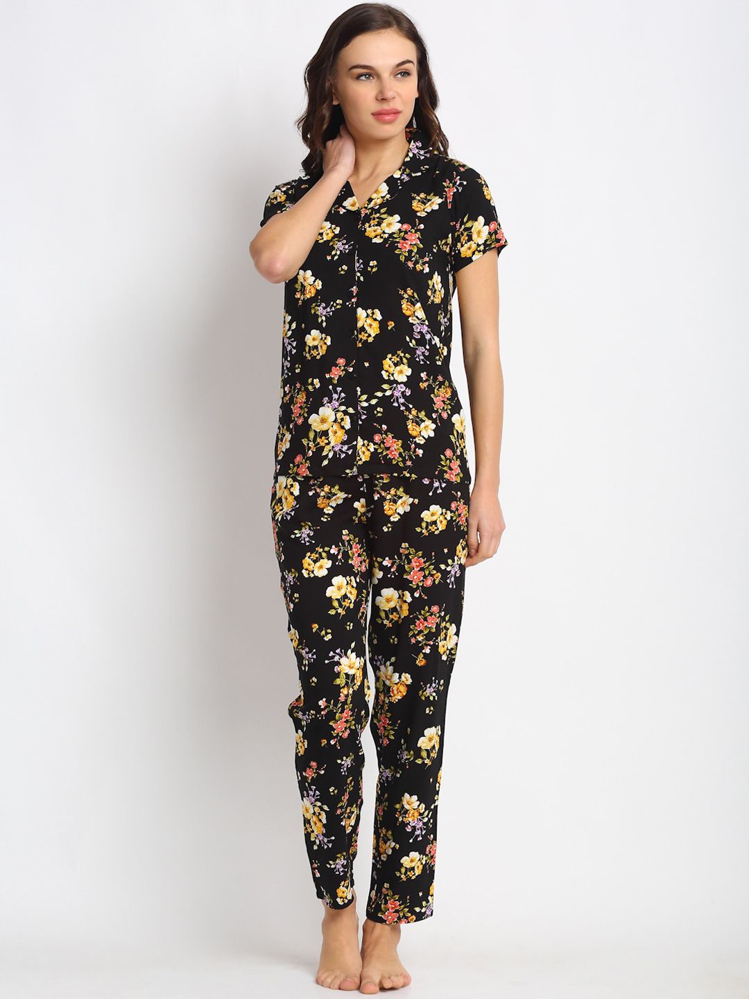 Claura Women Black & Yellow Printed Night suit Price in India