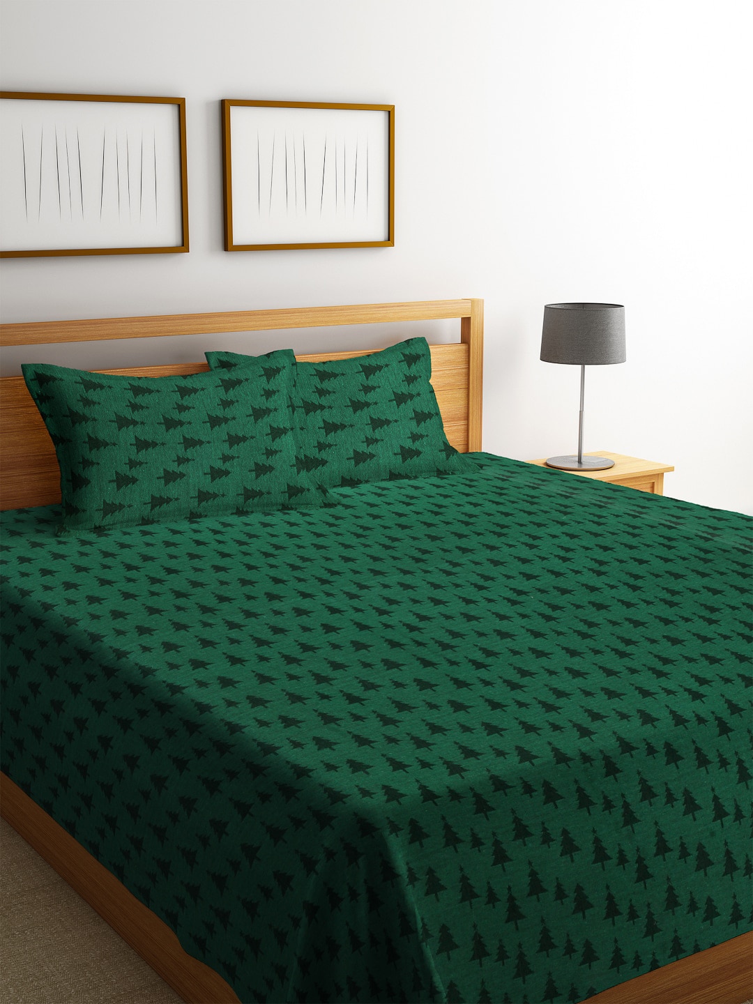 KLOTTHE Green & Charcoal Grey Woven Design Double King Bed Cover With 2 Pillow Covers Price in India