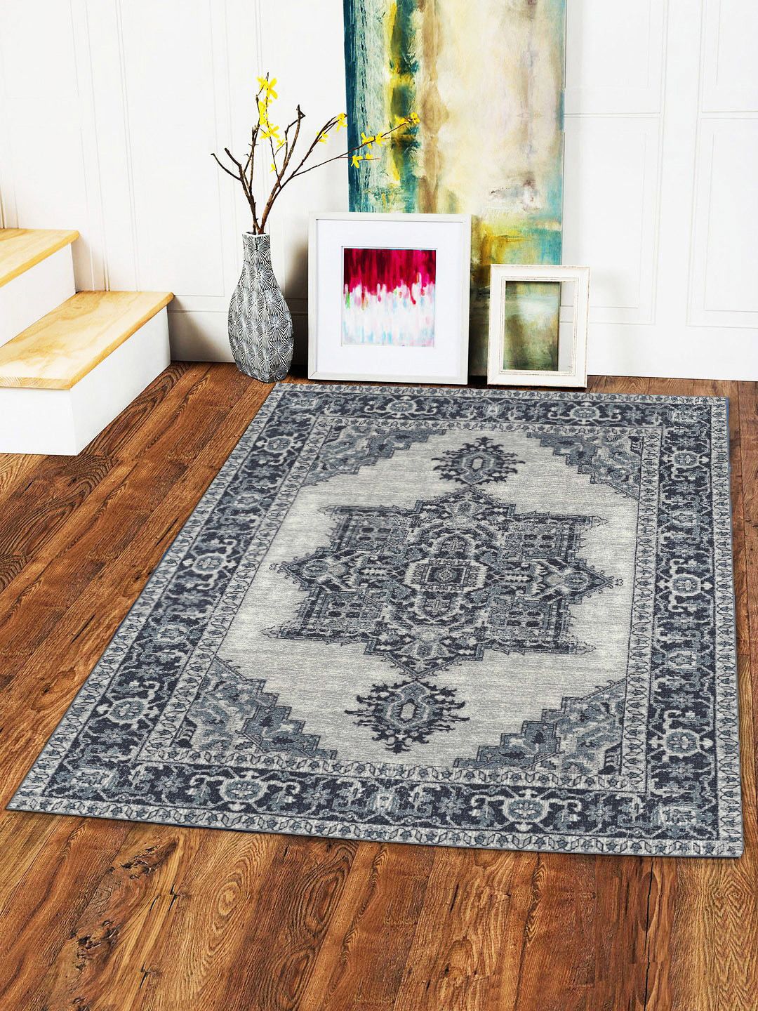 Status Grey & Black Printed Anti-Skid Rectangle Carpet Price in India