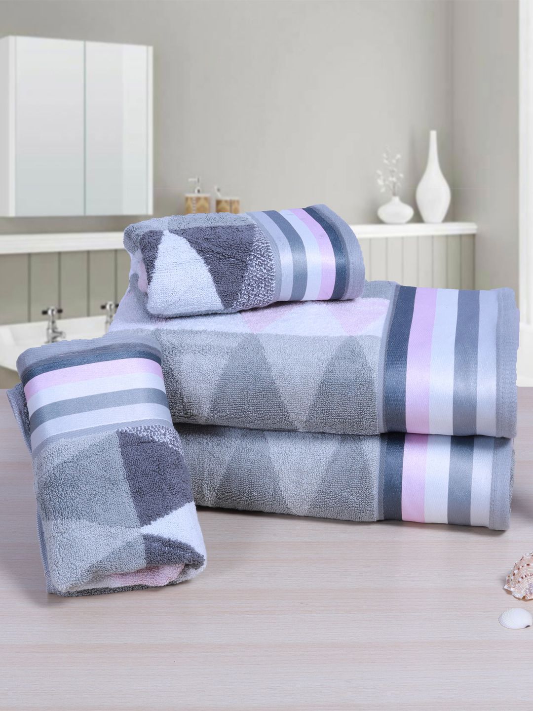 RANGOLI Set Of 4 Grey & Blue Self Design 530 GSM Cotton Towels Price in India