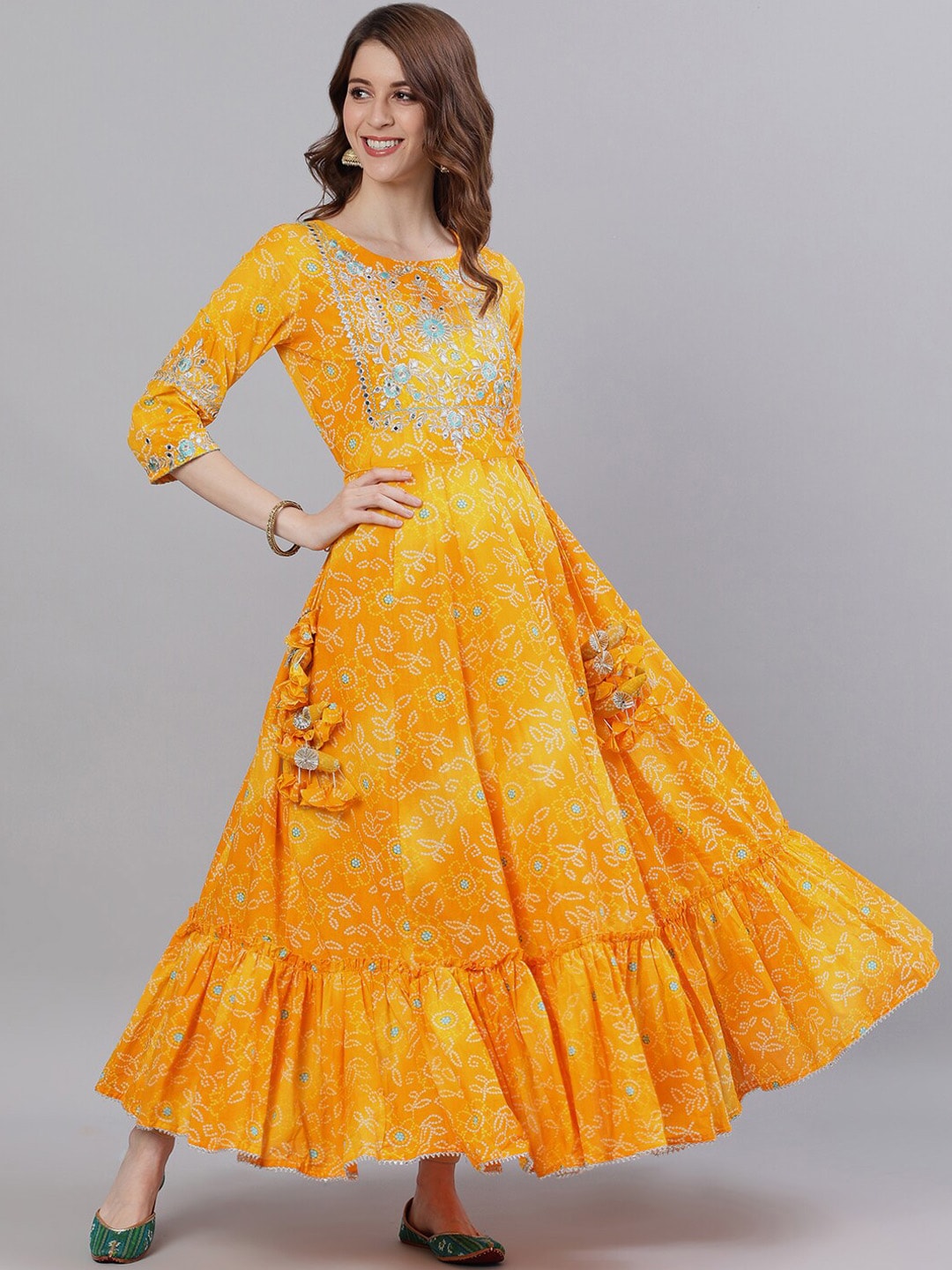 Ishin Women Yellow Bandhani Printed Maxi Dress Price in India