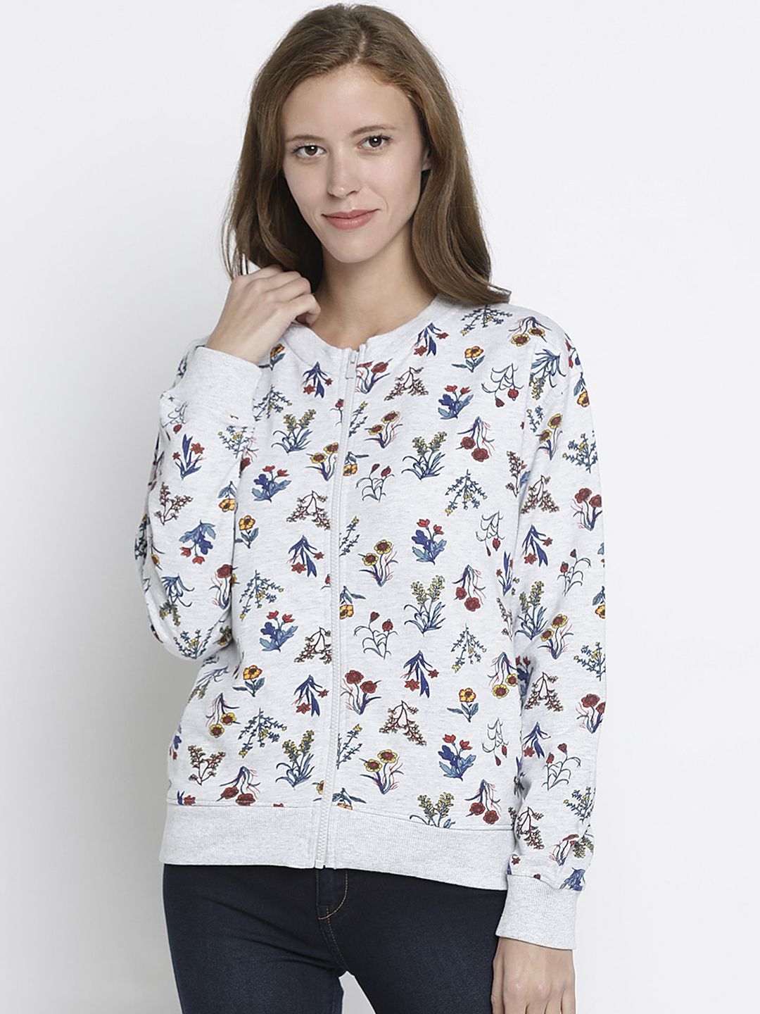 Pepe Jeans Women Grey & Blue Floral Printed Sweatshirt Price in India