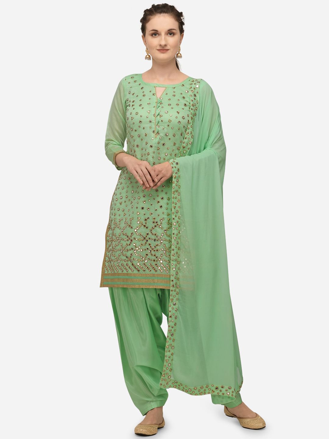 Ethnic Junction Lime Green & Gold-Toned Silk Blend Unstitched Dress Material Price in India
