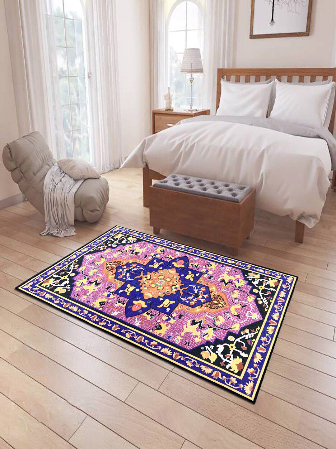 Status Pink & Blue Ethnic Motif Printed Anti-Skid Carpet Price in India