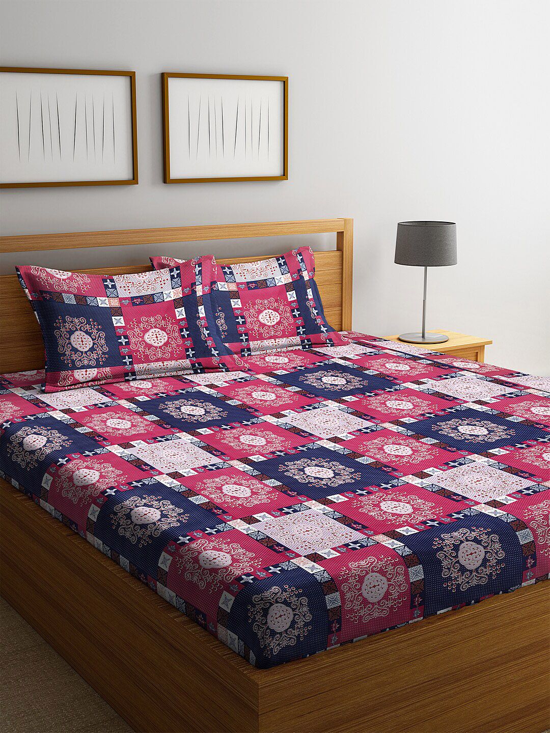 KLOTTHE Pink & Navy Blue Ethnic Motifs 210 TC Polycotton 1 King Bedsheet with 2 Pillow Covers Price in India