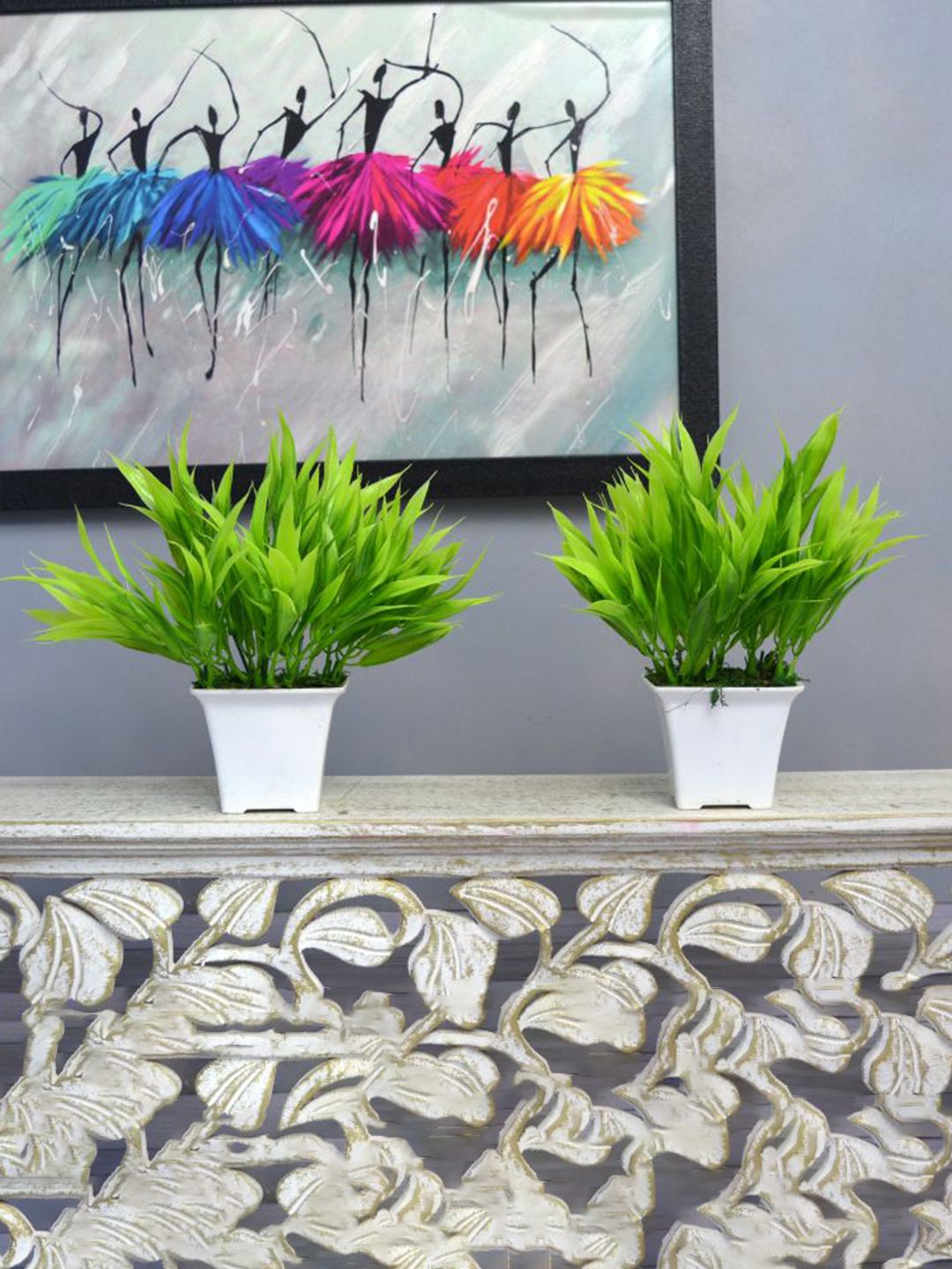 fancy mart Green Artificial Bamboo Leaves In White Gamla Pot Price in India