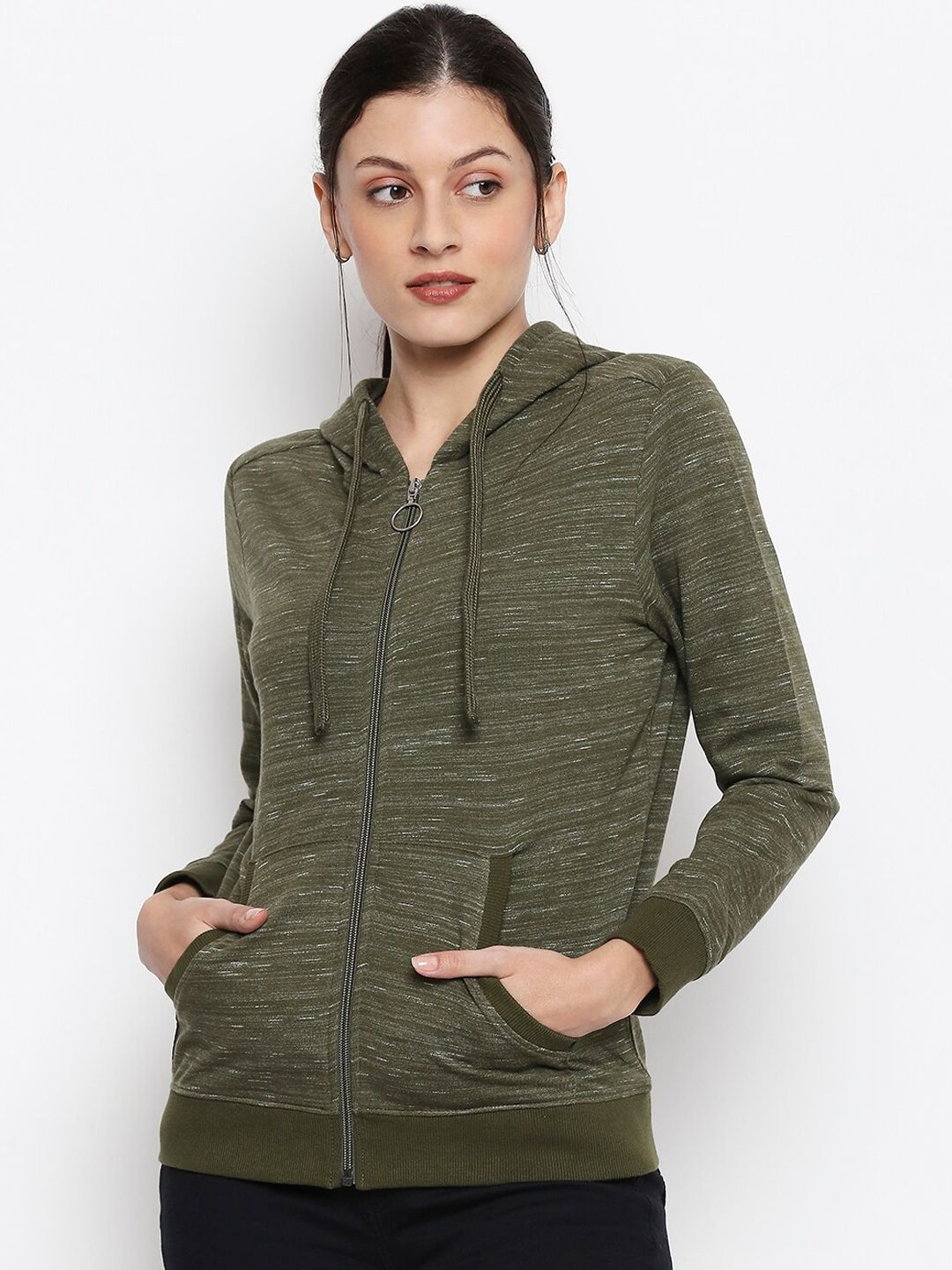 People Women Green Solid Hooded Sweatshirt Price in India