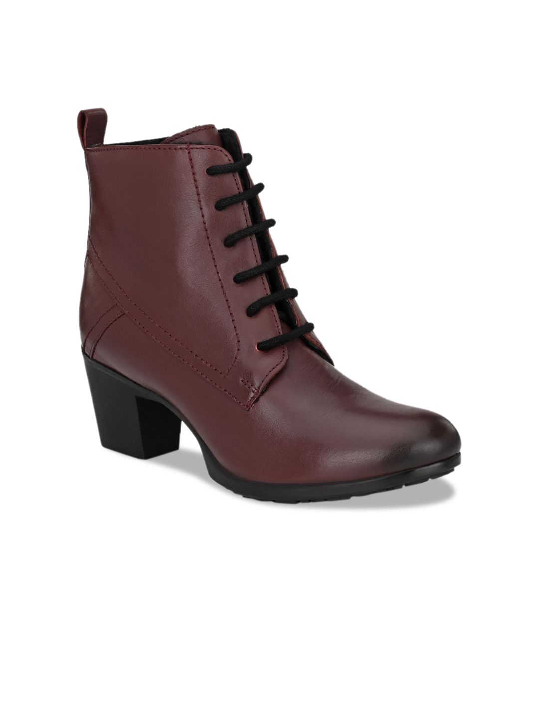 Delize Women Burgundy Solid Leather Block Heeled Boots Price in India
