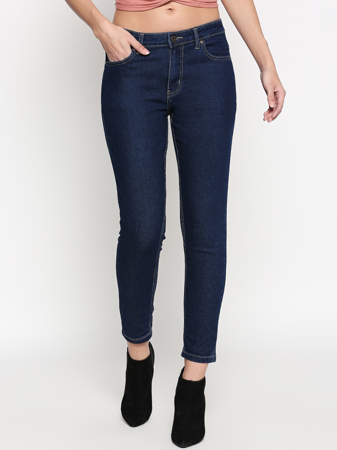 People Women Navy Blue Skinny Fit Mid-Rise Clean Look Jeans Price in India