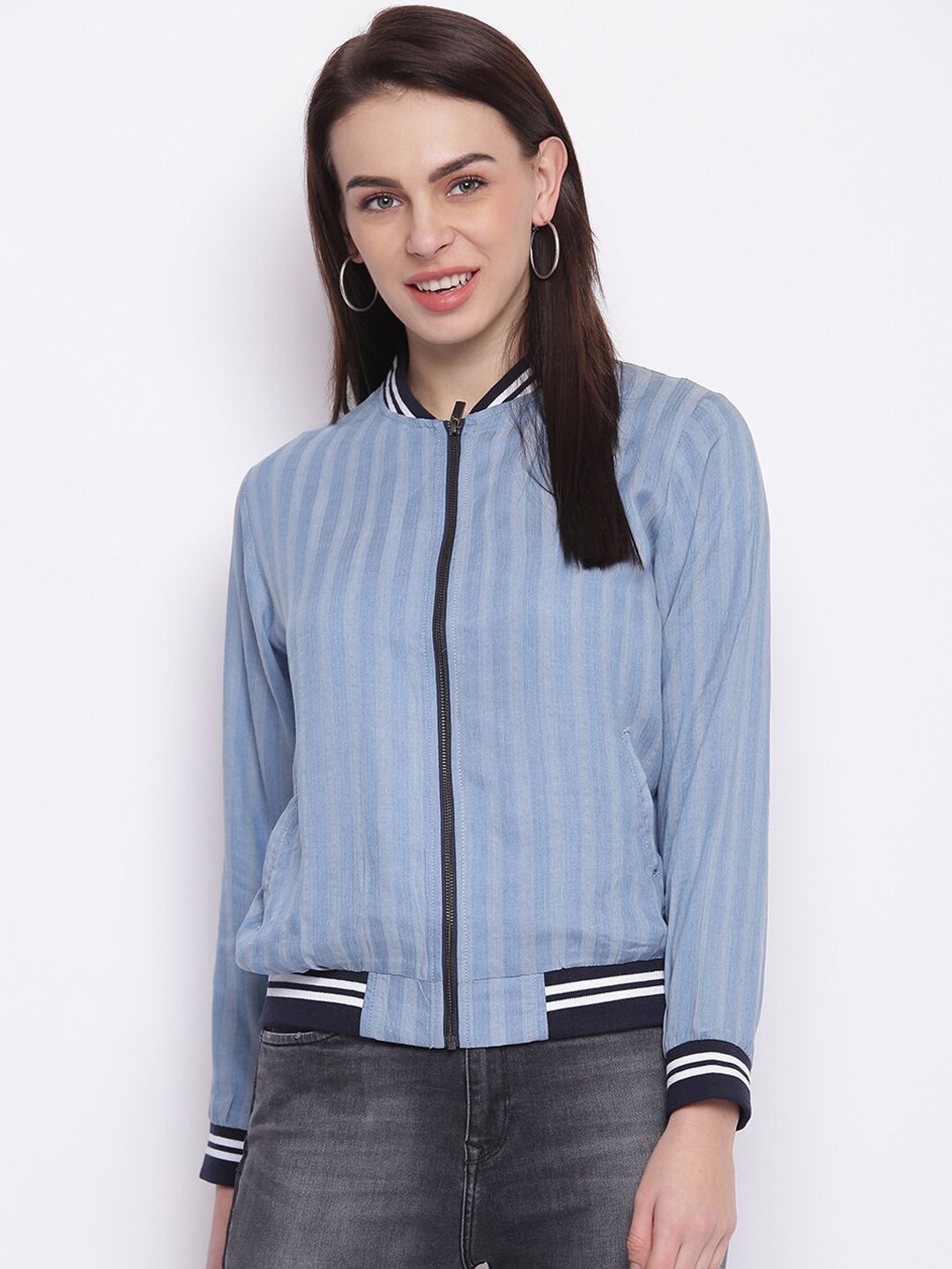 Pepe Jeans Women Navy Blue Striped Varsity Jacket Price in India