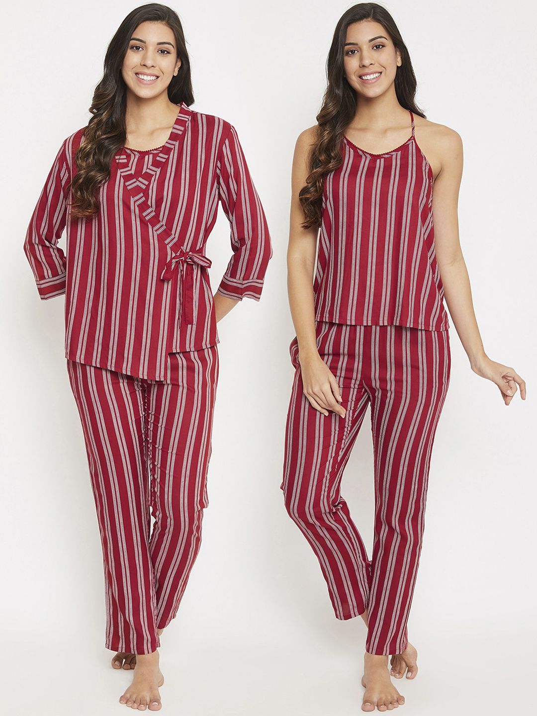 Clovia Women Maroon & White 3 Piece Striped Night suit Price in India