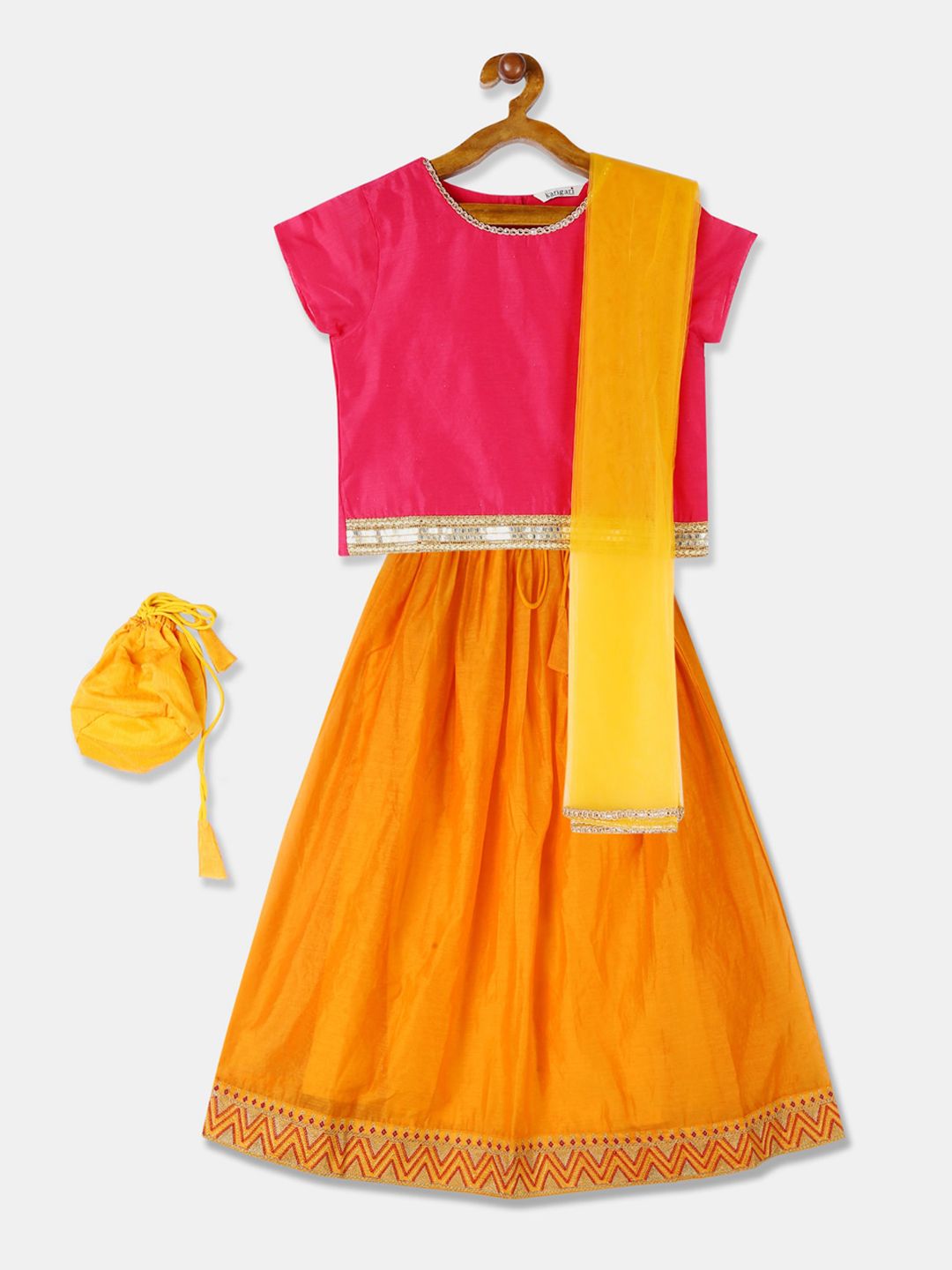 Karigari Girls Pink & Yellow Solid Ready to Wear Lehenga & Blouse with Dupatta