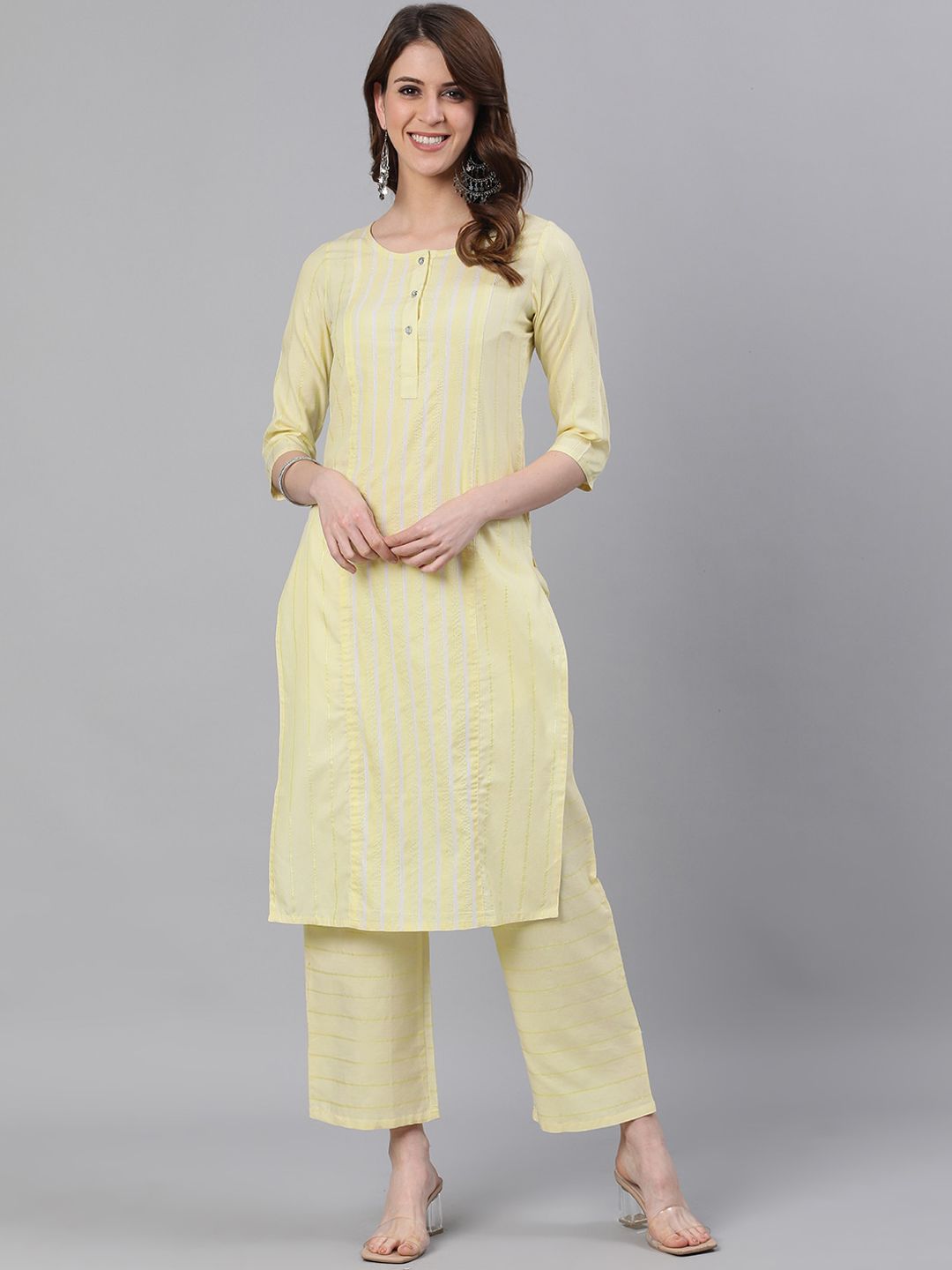 Jaipur Kurti Women Yellow Striped Kurta with Trousers Price in India