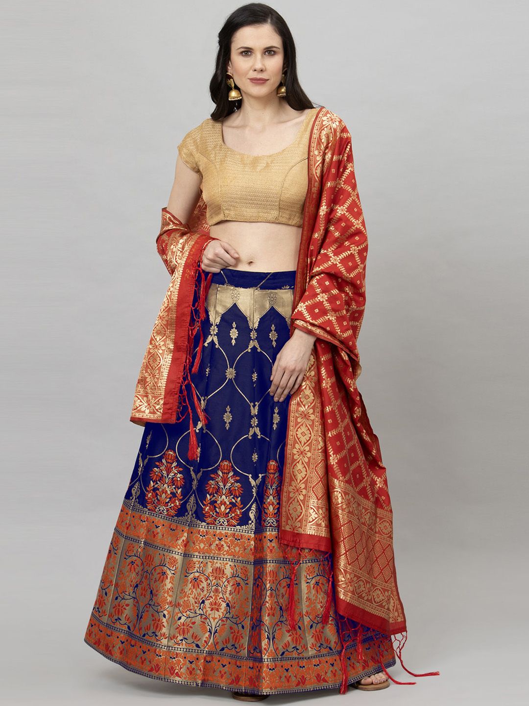 Satrani Blue & Red Woven Design Semi-Stitched Lehenga & Unstitched Blouse with Dupatta