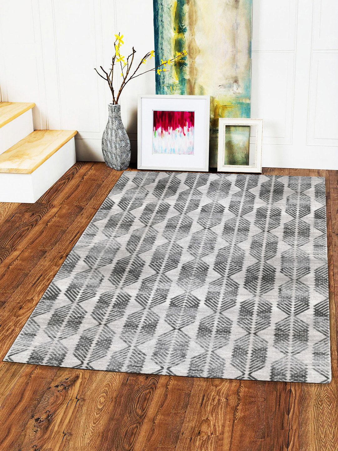 Status Grey & Black Geometric Anti-Skid Carpet Price in India
