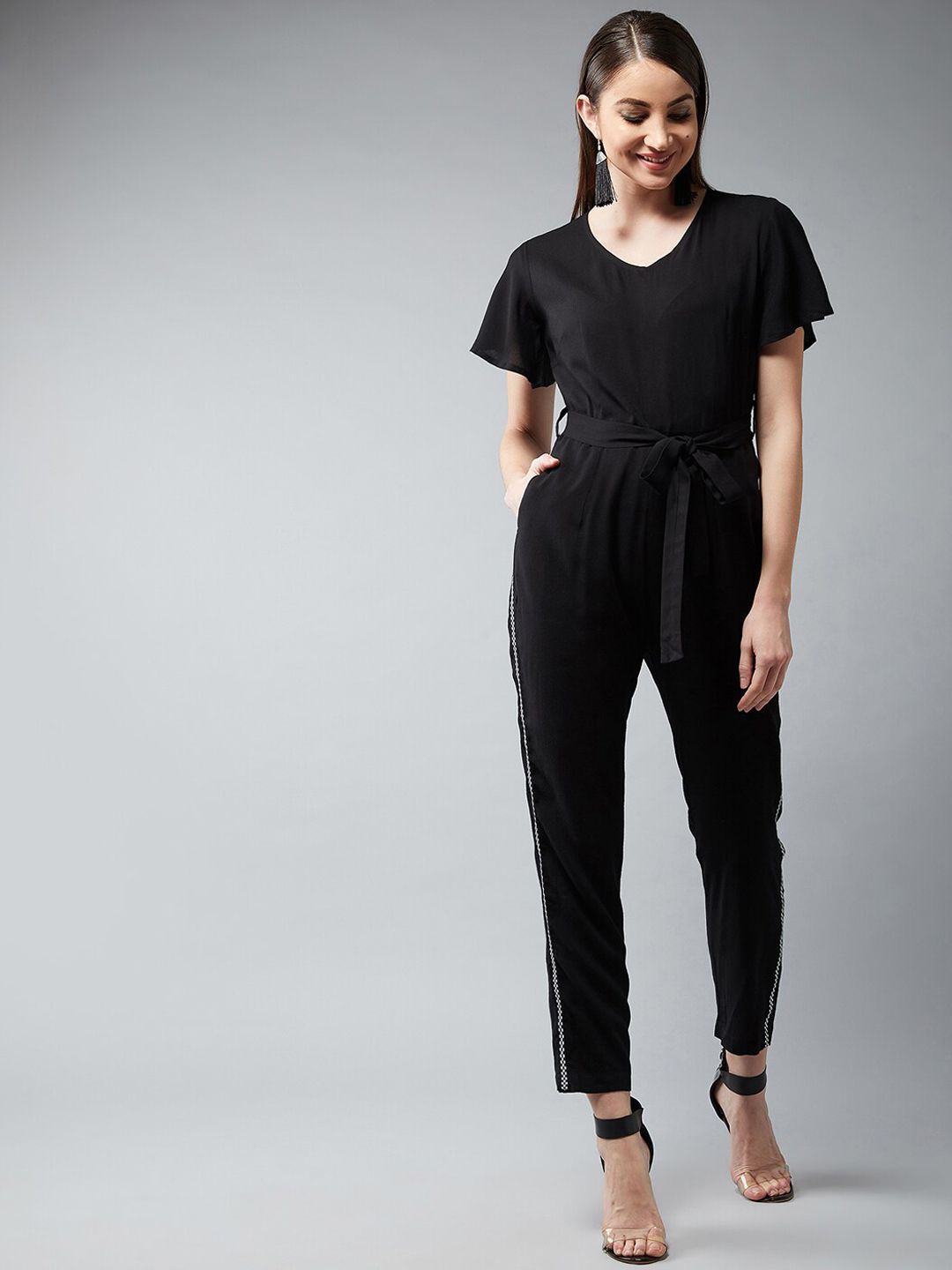 DOLCE CRUDO Women Black Solid Cotton Basic Jumpsuit Price in India