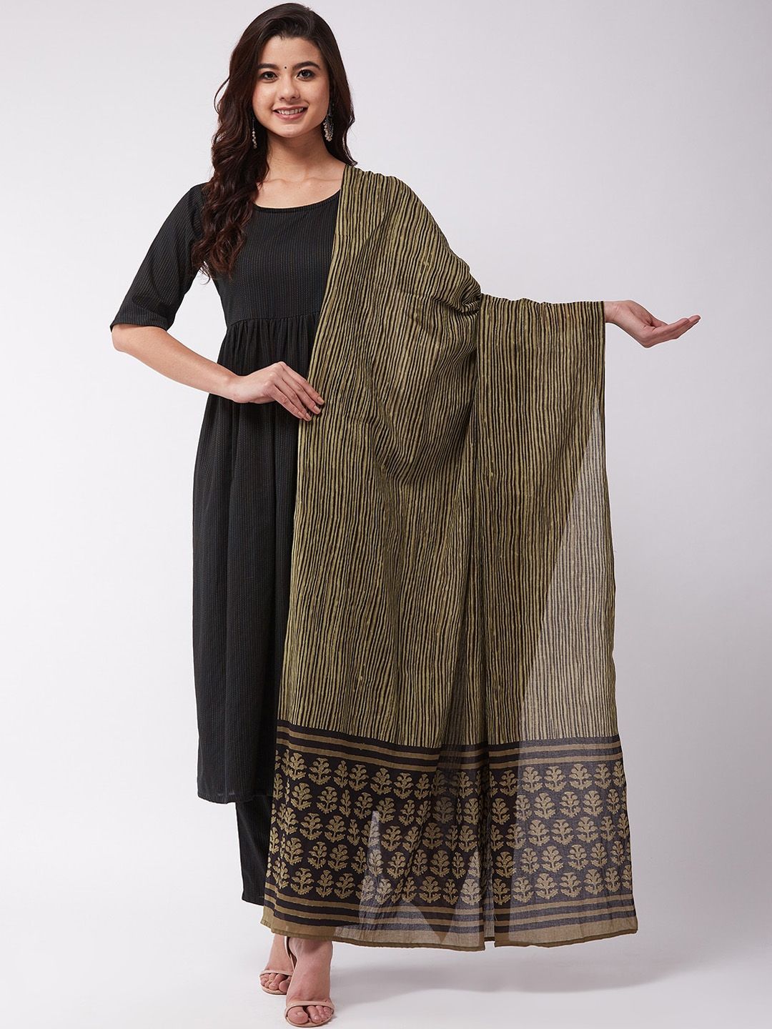 InWeave Women Green & Black Striped Dupatta Price in India