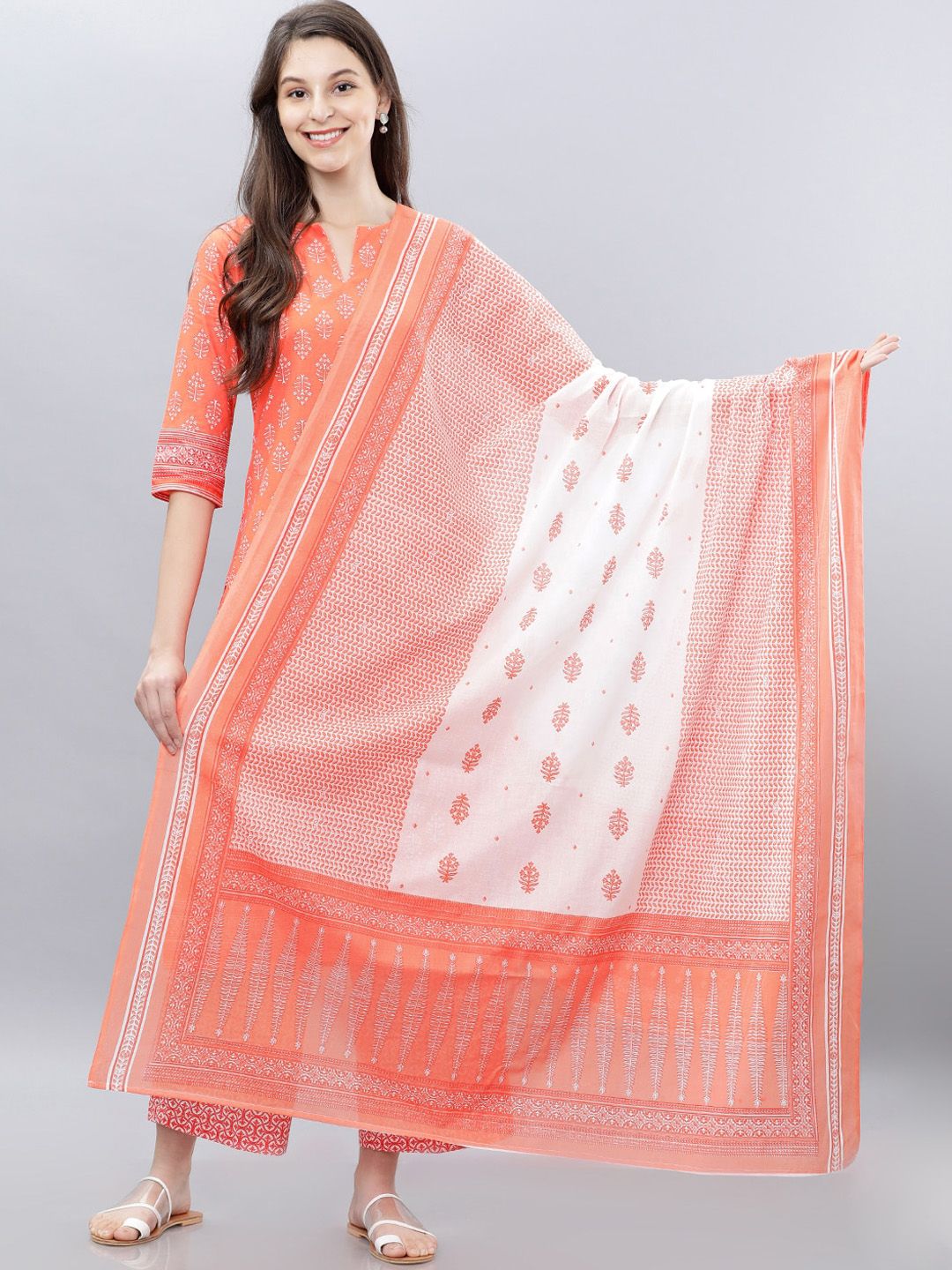 Vishudh Coral Orange & White Printed Dupatta