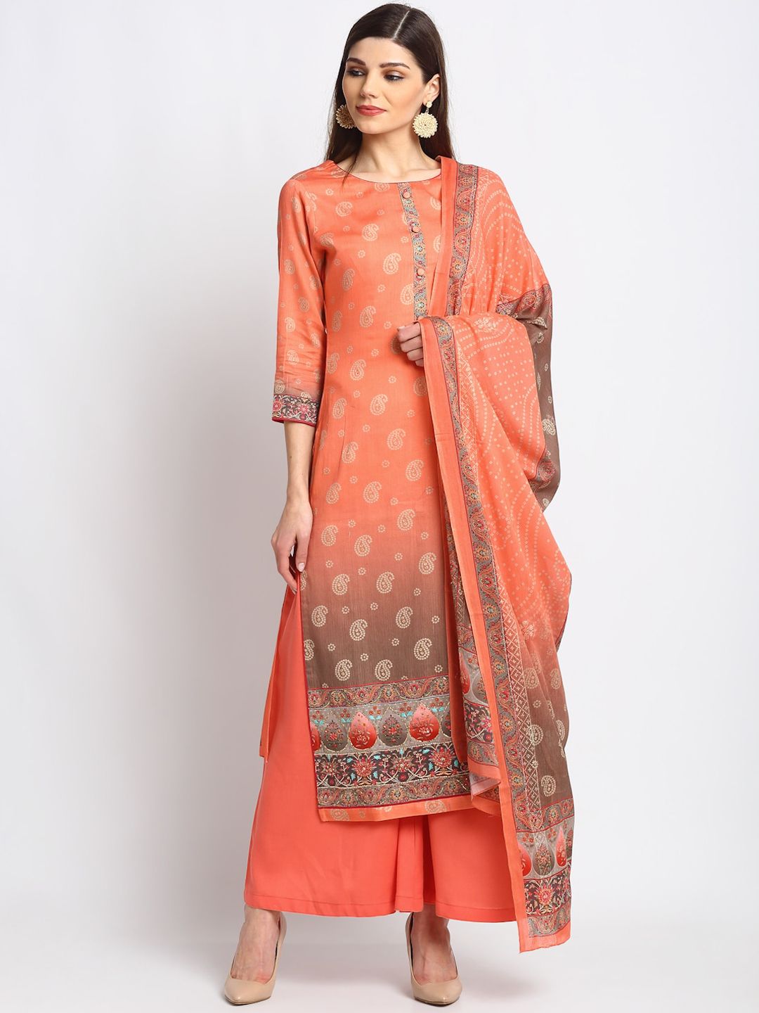 Stylee LIFESTYLE Peach-Coloured & Brown Cotton Blend Unstitched Dress Material Price in India