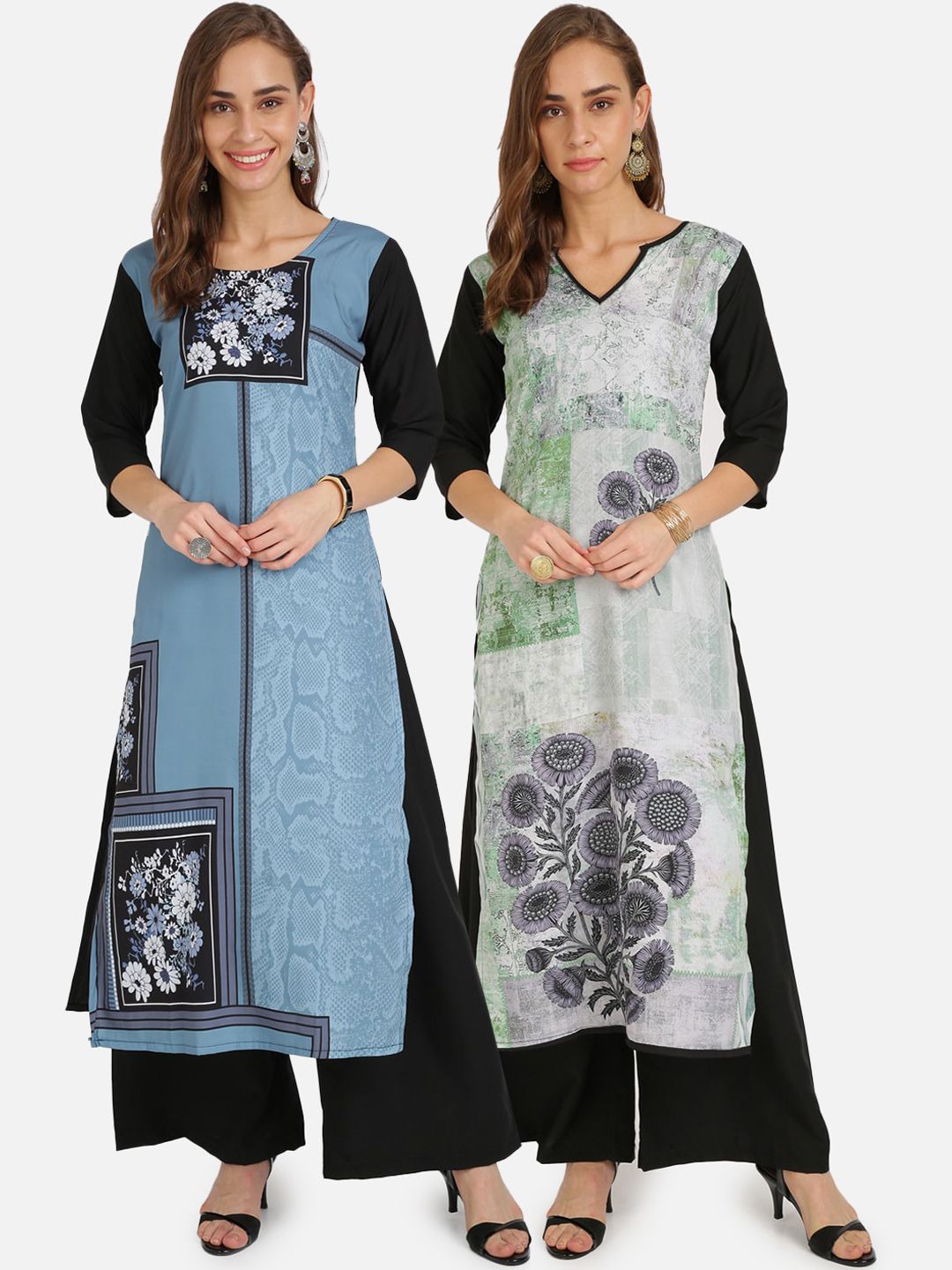 Florence Women Multicoloured Pack of 2 Floral Printed Crepe Kurta