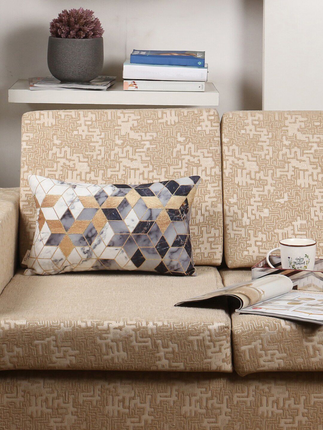 Sivya Grey & Gold-Toned Single Geometric Rectangle Cushion Cover Price in India