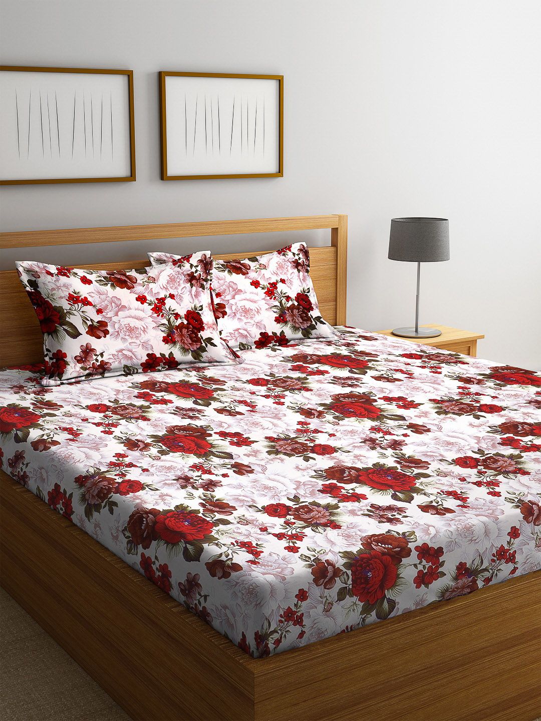 ROMEE White & Red Floral 144 TC Cotton 1 Queen Bedsheet with 2 Pillow Covers Price in India