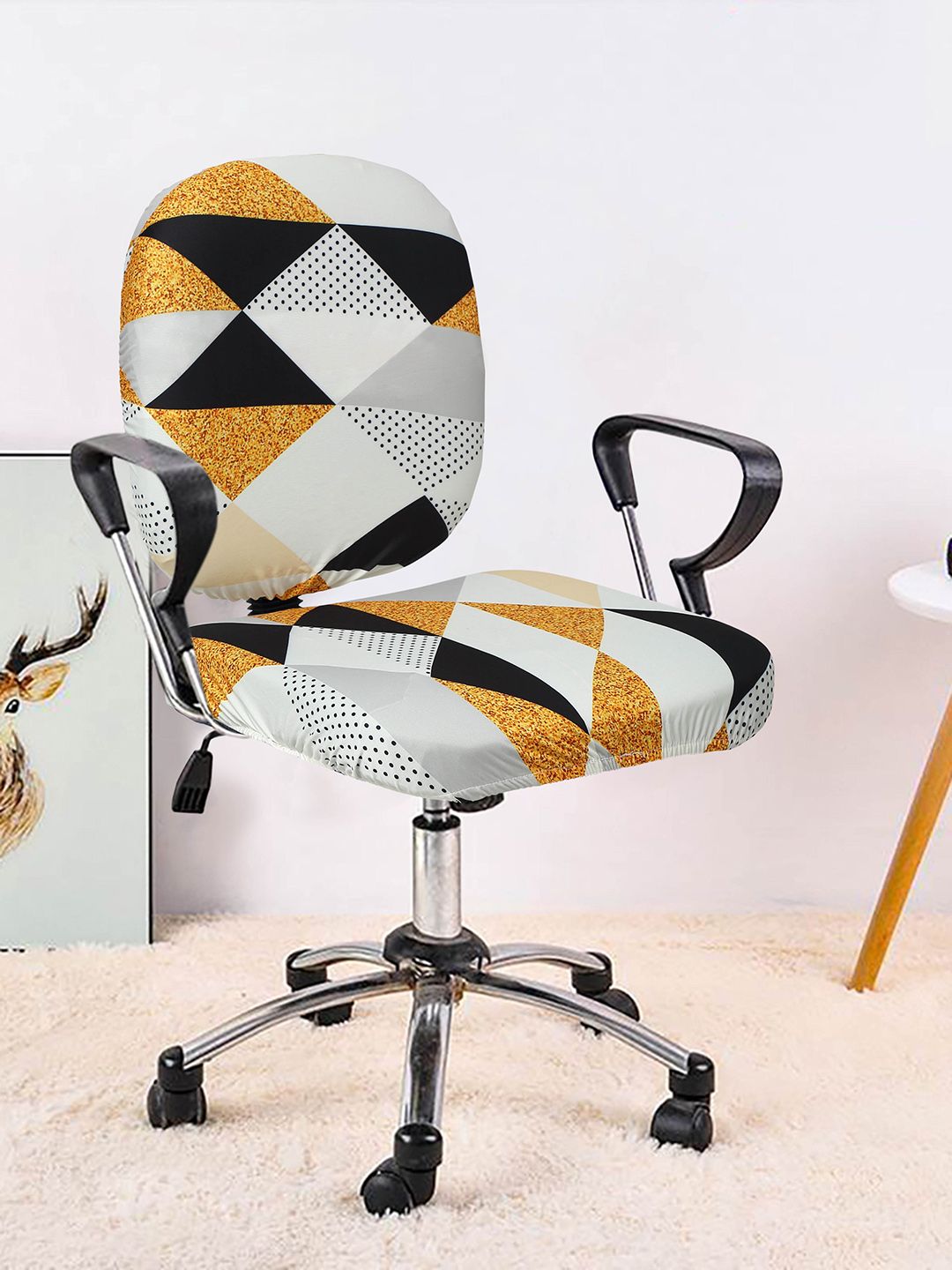 Cortina White & Black Geometric Printed Chair Cover Price in India