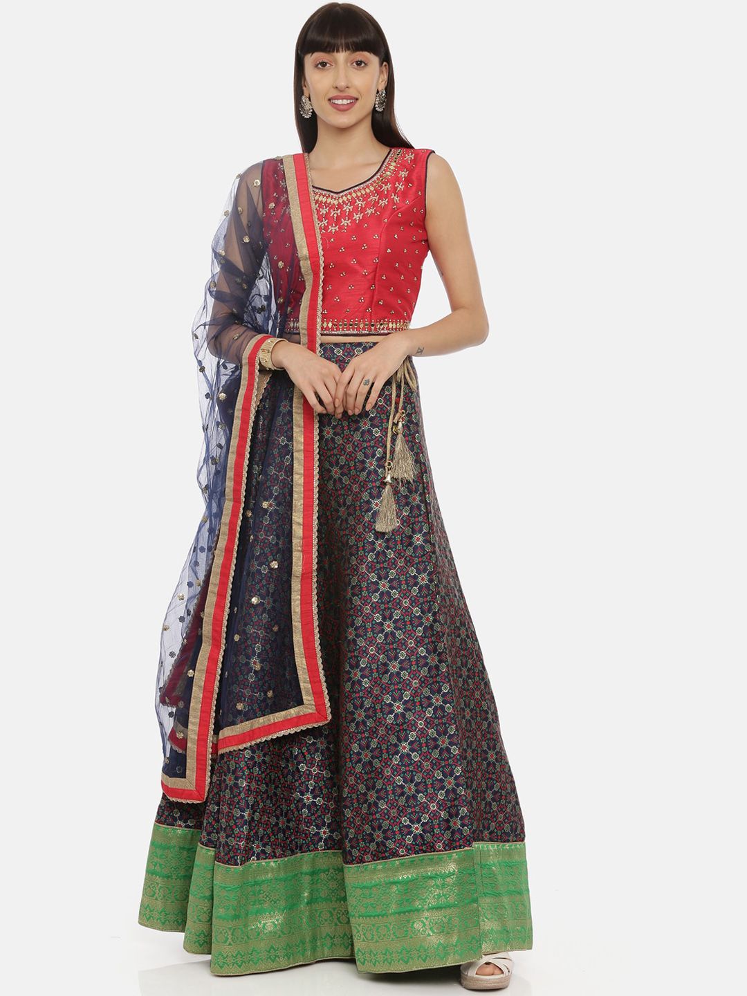 Neerus Red & Blue Embellished Ready to Wear Lehenga & Blouse with Dupatta