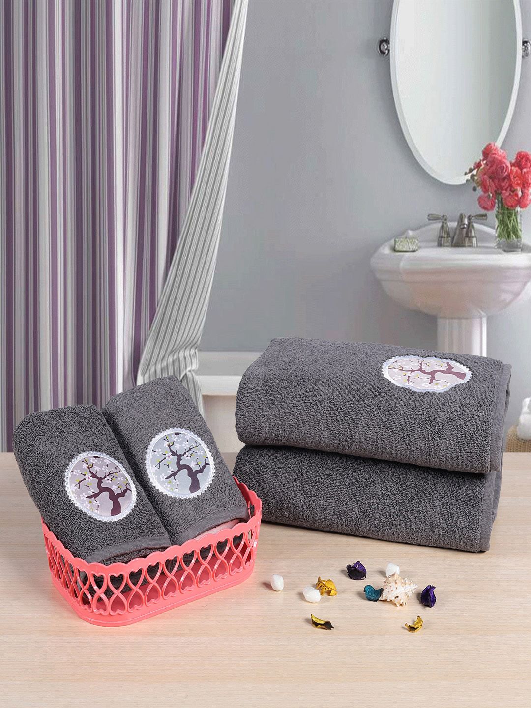 RANGOLI Set Of 4 Charcoal Grey Solid Towel Set Price in India