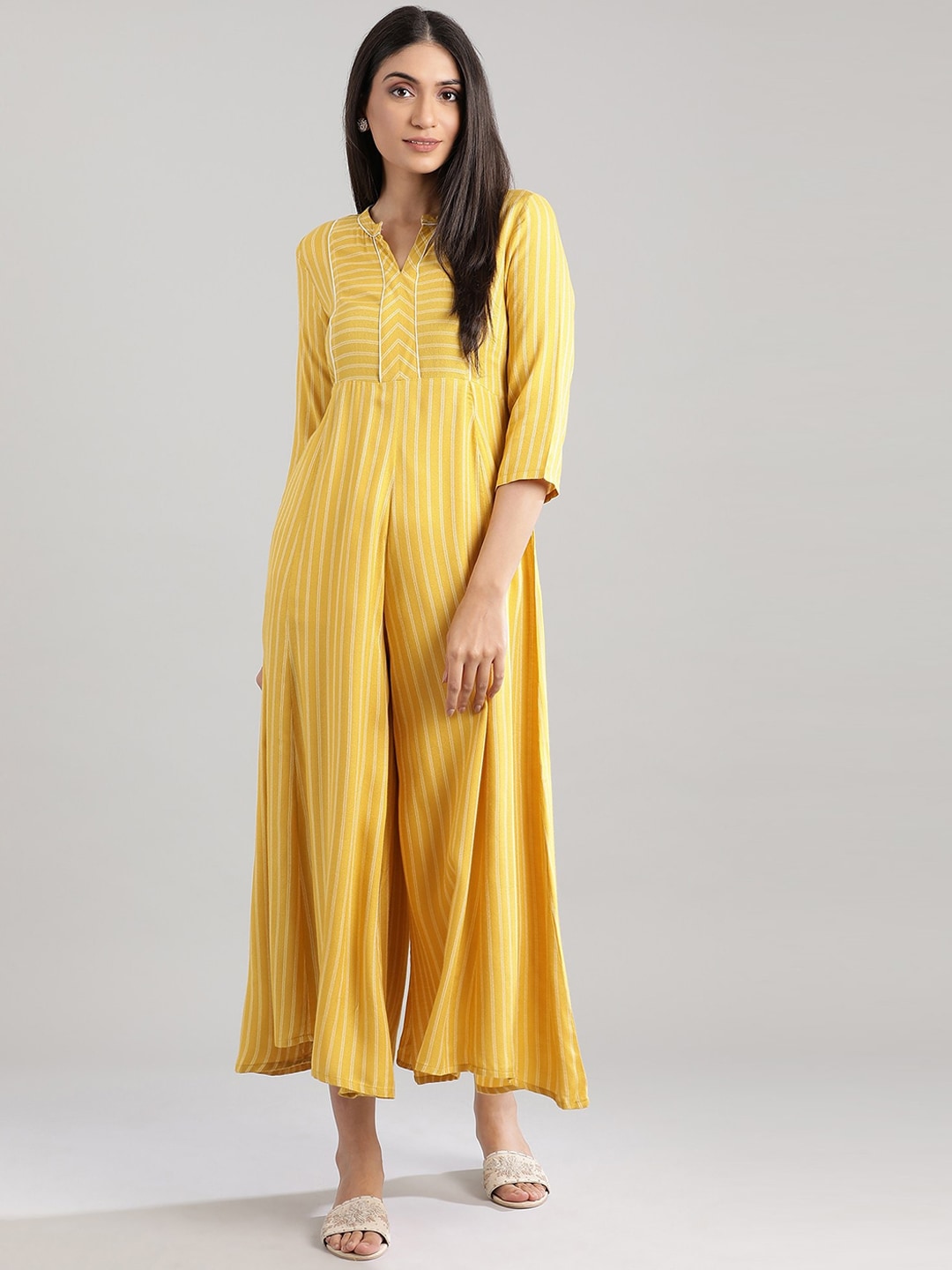 AURELIA Women Yellow & White Striped Basic Jumpsuit Price in India