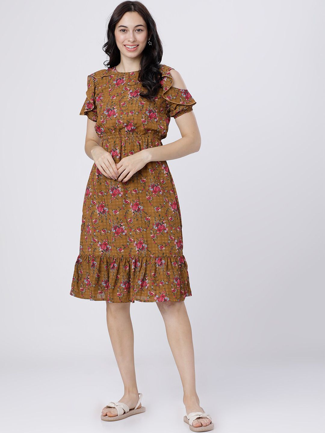 Tokyo Talkies Women Mustard Printed A-Line Dress