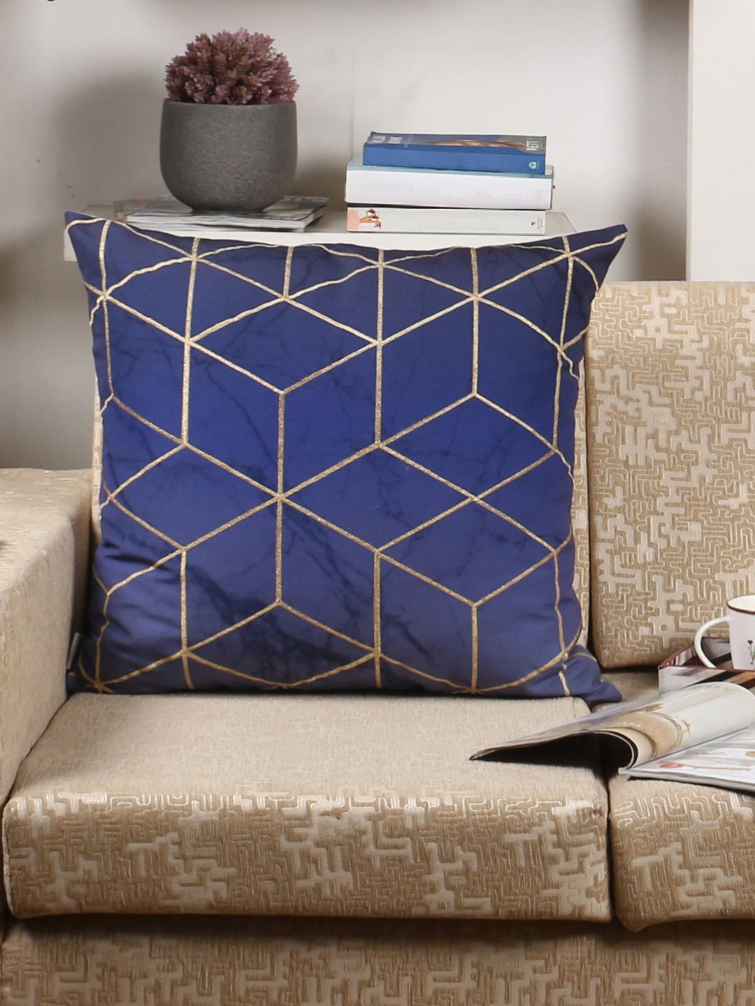Sivya Blue & Gold-Toned Set of Single Geometric Square Cushion Covers Price in India