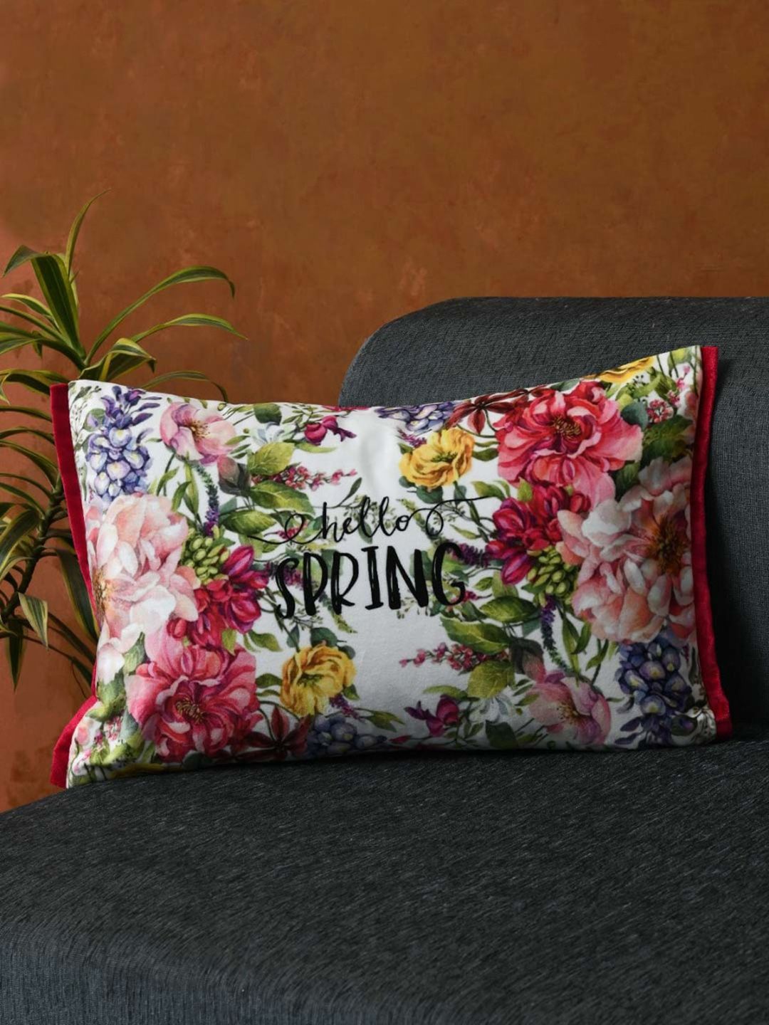 AMOROSA White & Pink Single Floral Rectangle Cushion Cover Price in India