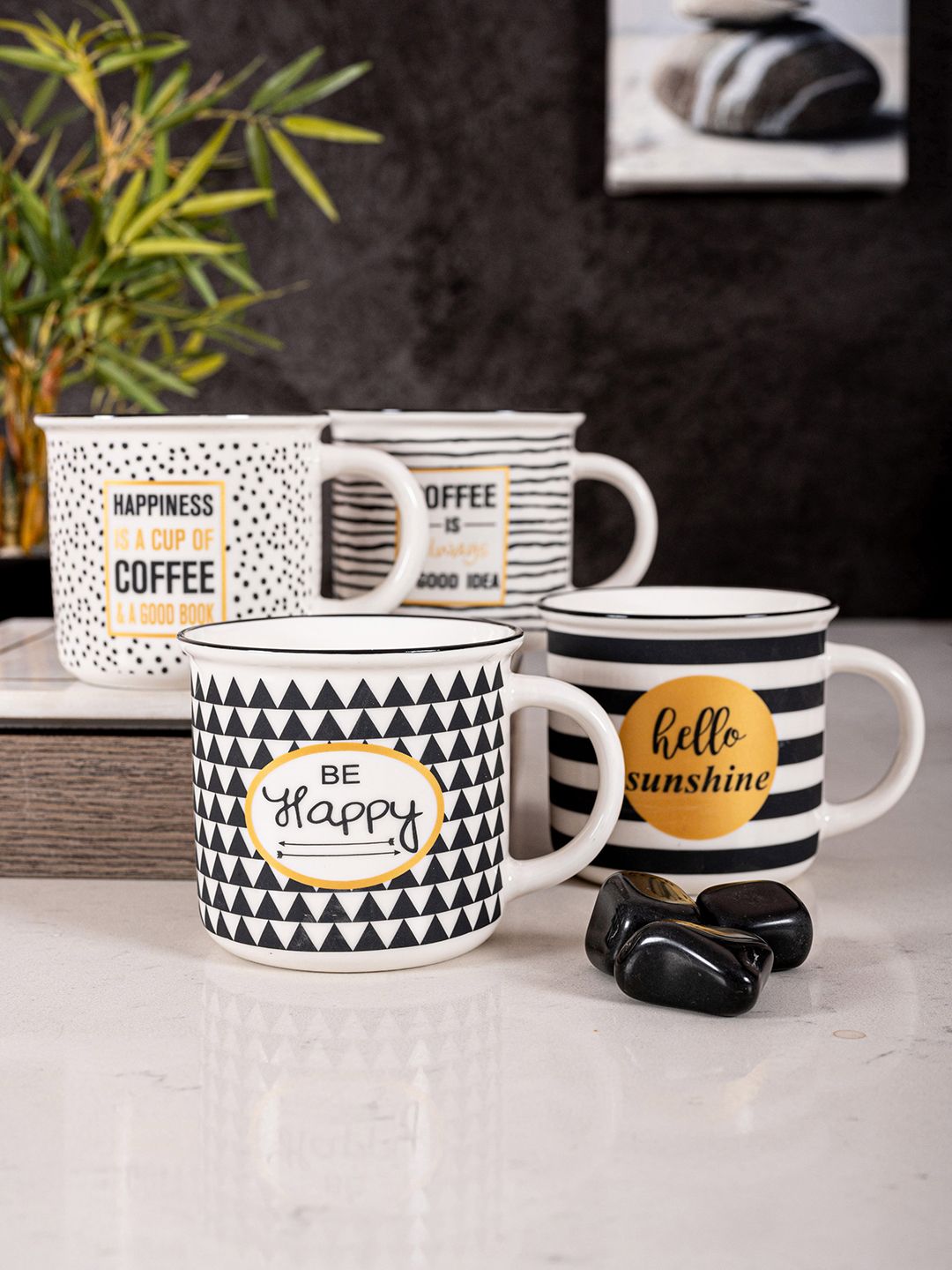 White Gold Black & White 4 Pcs Printed Porcelain Cups Set Price in India