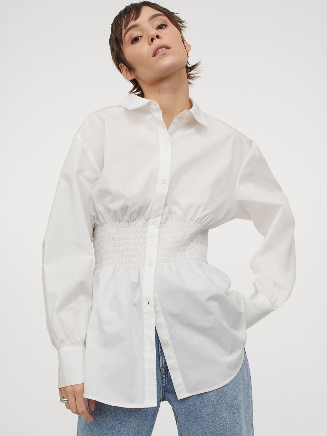 H&M Women White Solid Wide Smock-Waist Blouse