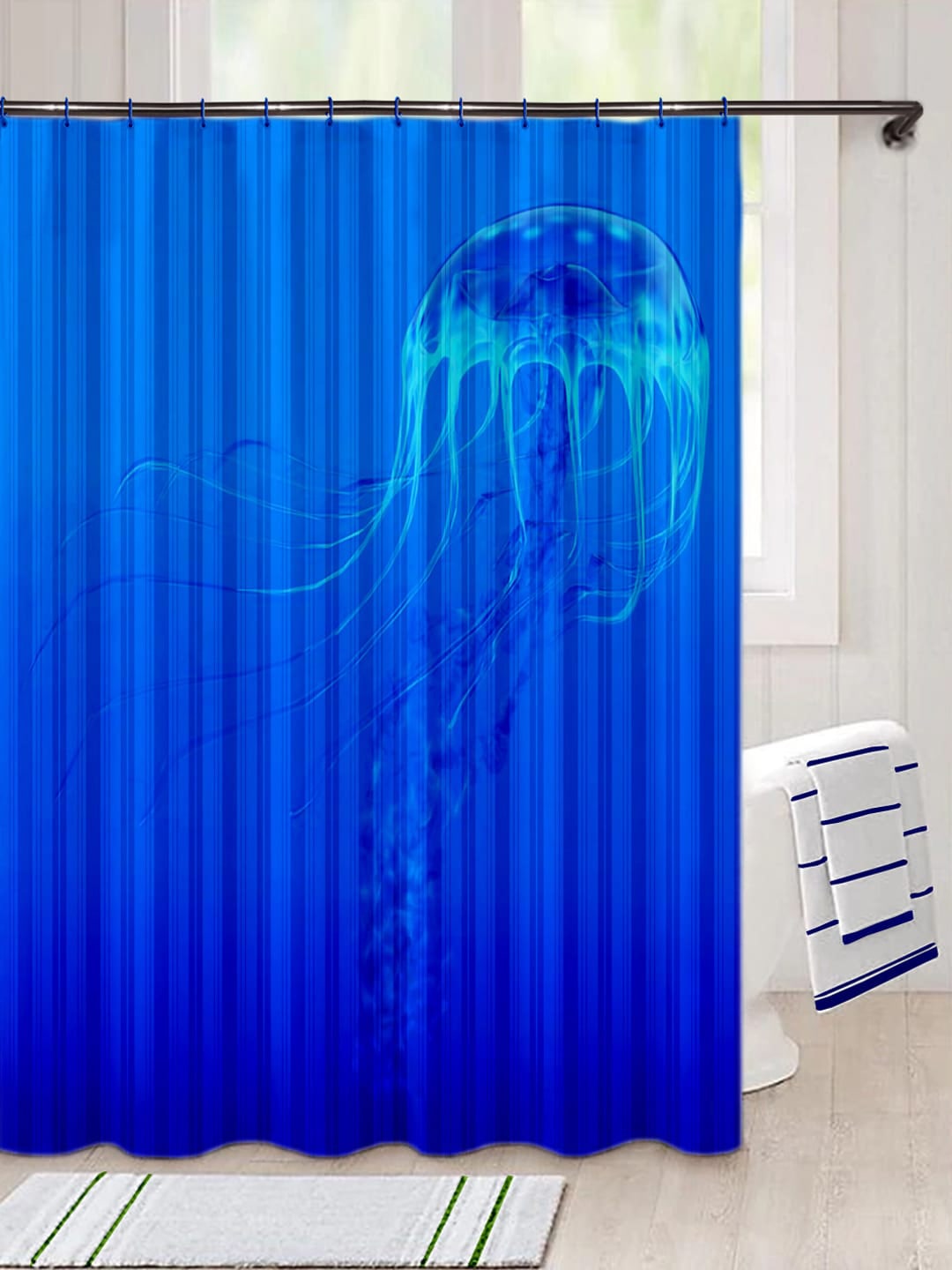 Lushomes Blue Digital Printed Shower Curtain with Eyelets Price in India
