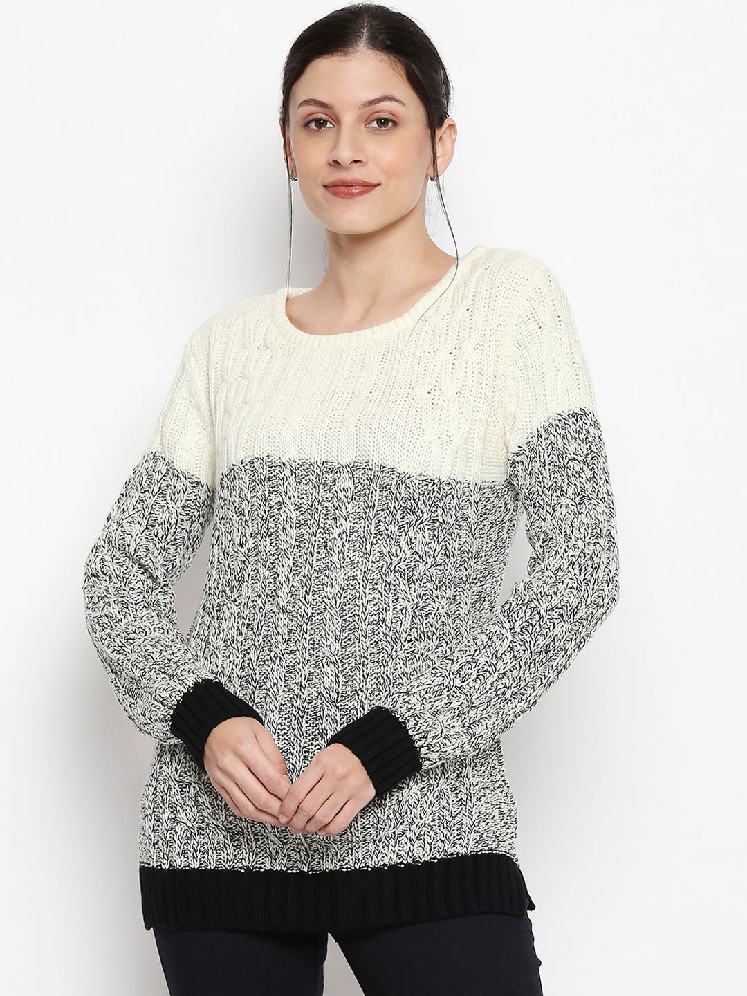 People Women Black & White Self Design Pullover Sweater Price in India