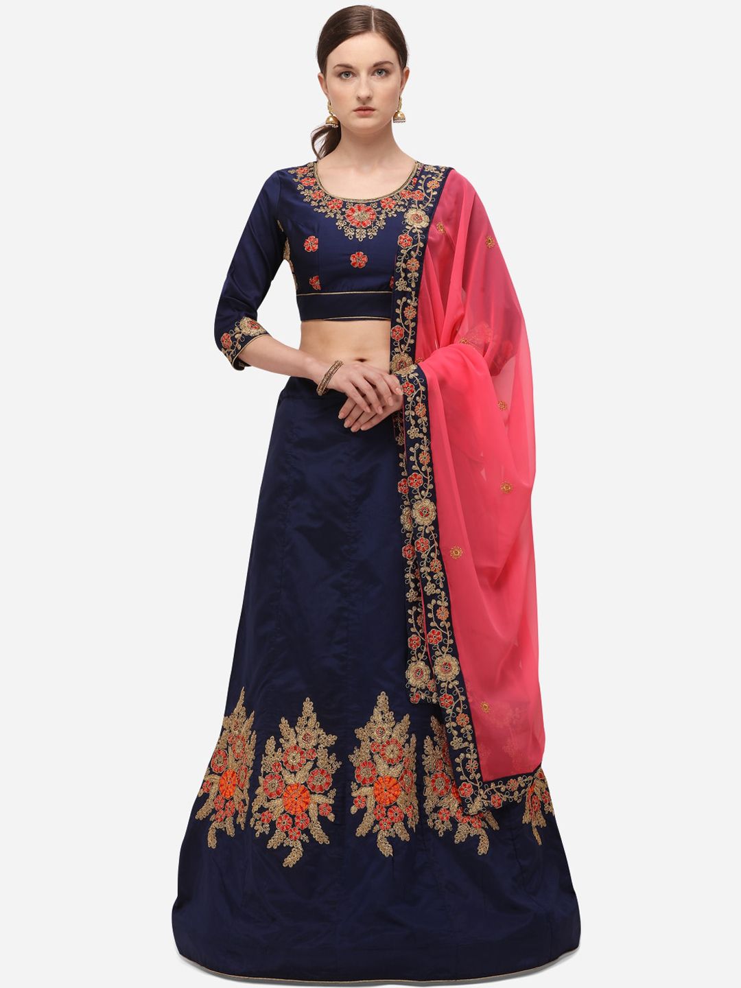 Florence Navy Blue & Peach-Coloured Embroidered Semi-Stitched Lehenga & Unstitched Blouse with Dupatta